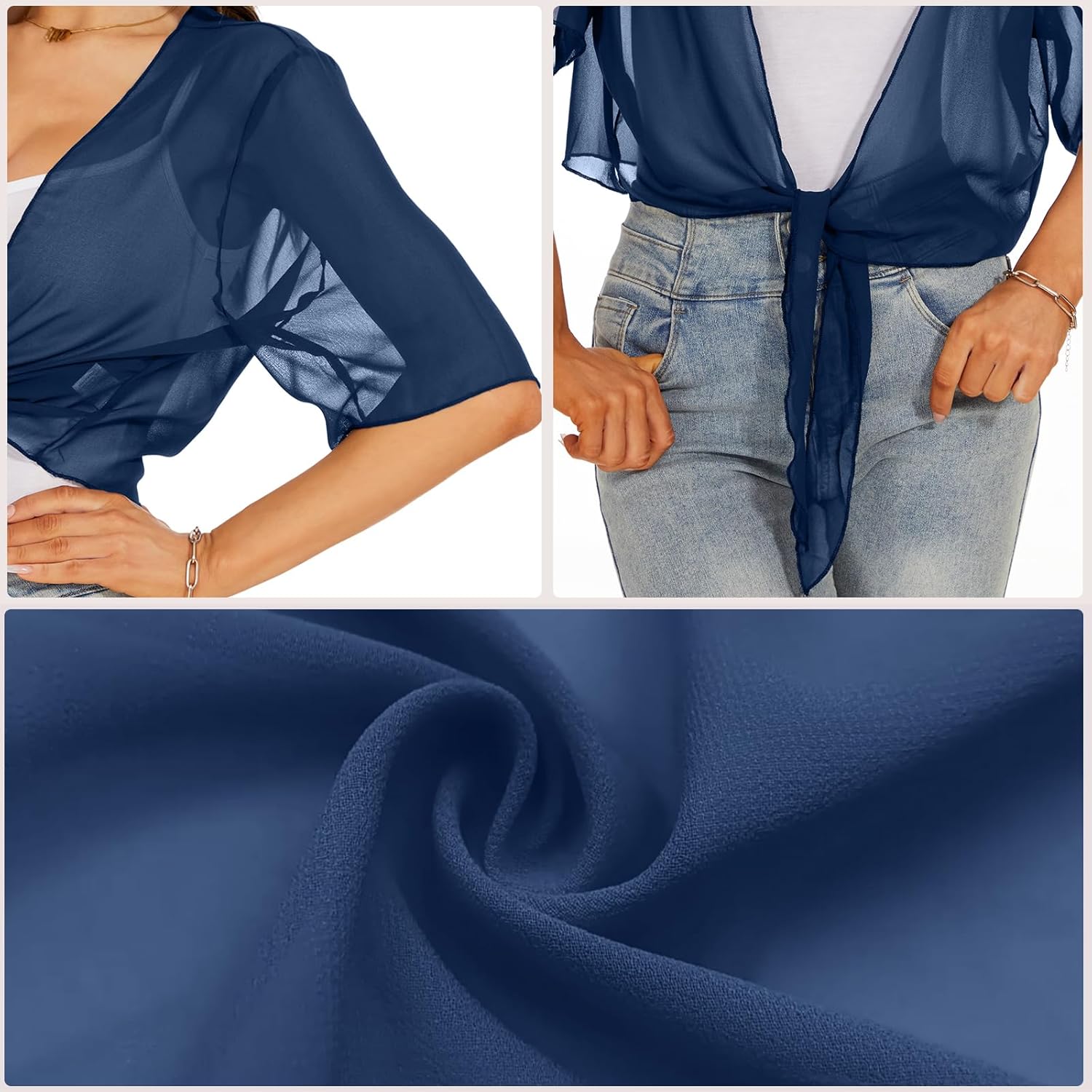 Thumbnail 4 de HANERDUN Damen-Bolero aus Chiffon mit 3/4-Ärmeln und Taillenverschluss