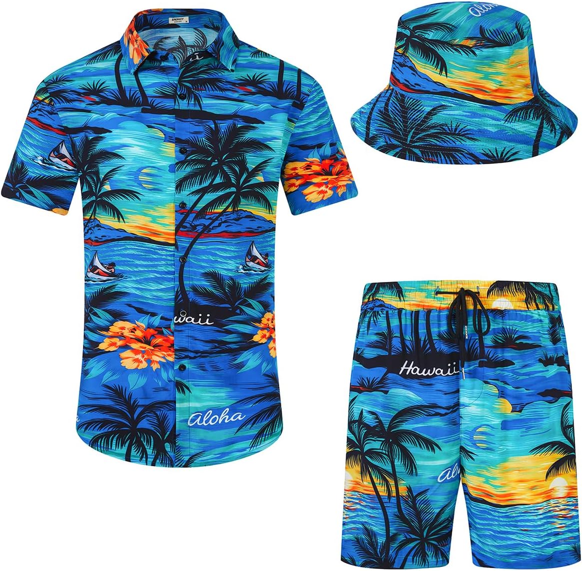 SPKPKEY Hawaii-Hemd und Shorts für Herren 2-teilig – Lässiges Sommer-Outfit mit Hut