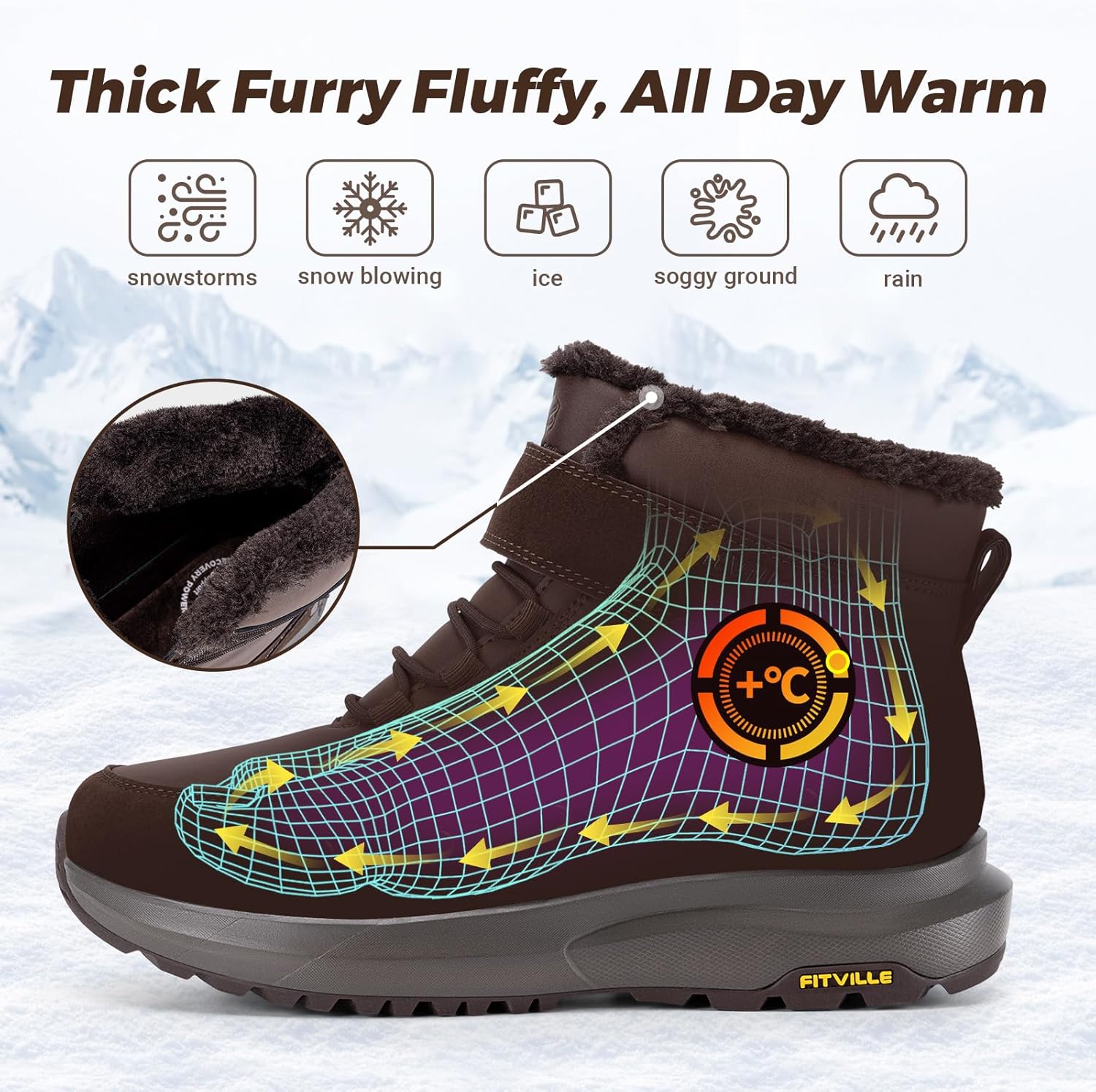 Detalle de FitVille Winterstiefel Herren Extra Weit – Klettverschluss, rutschfeste Sohle, warm gefüttert