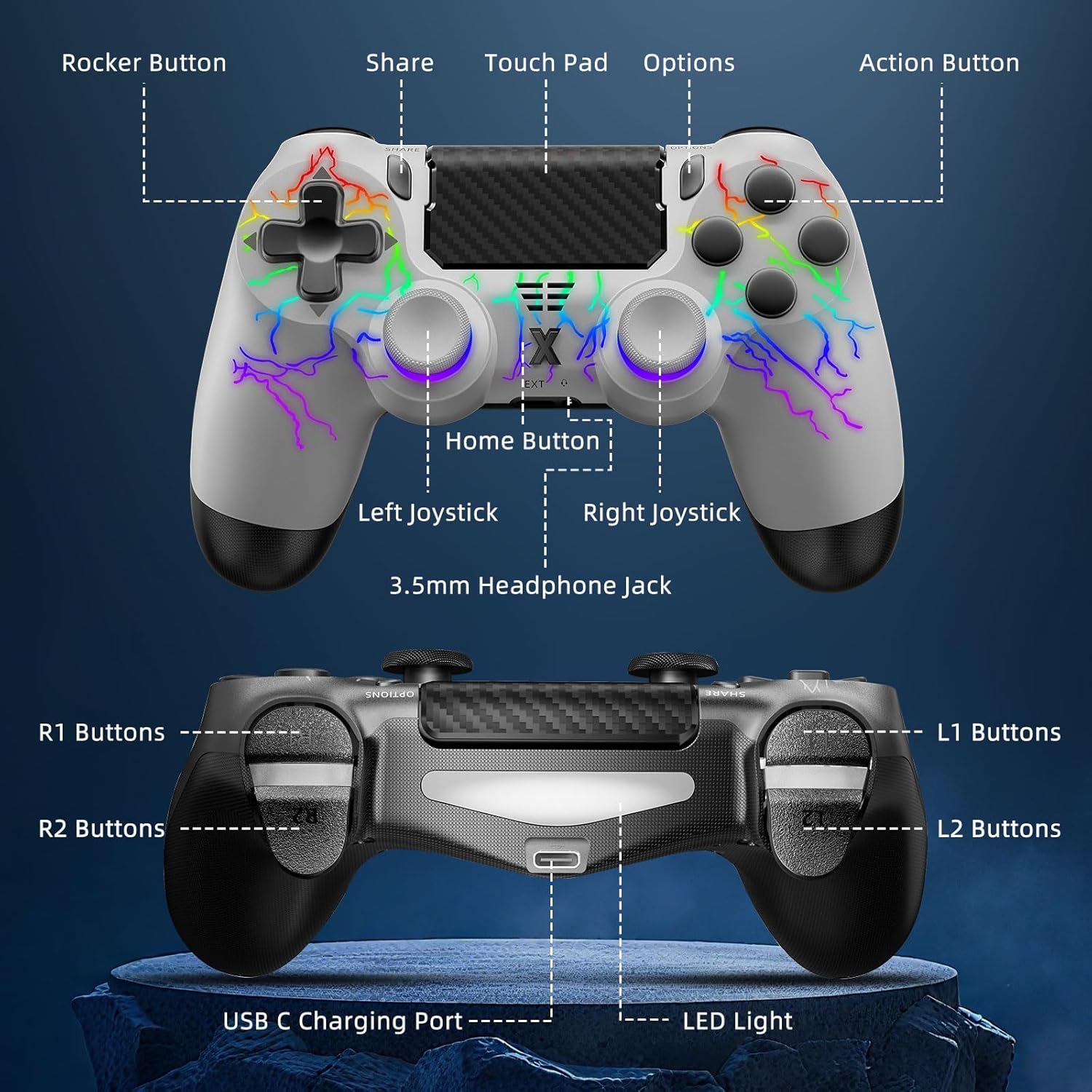 Detalle 2 de Glitfix 2er-Set Wireless Controller für PS4/Pro/Slim und PC – Turbo, Zurück-Taste, Dual Vibration, Touchpanel