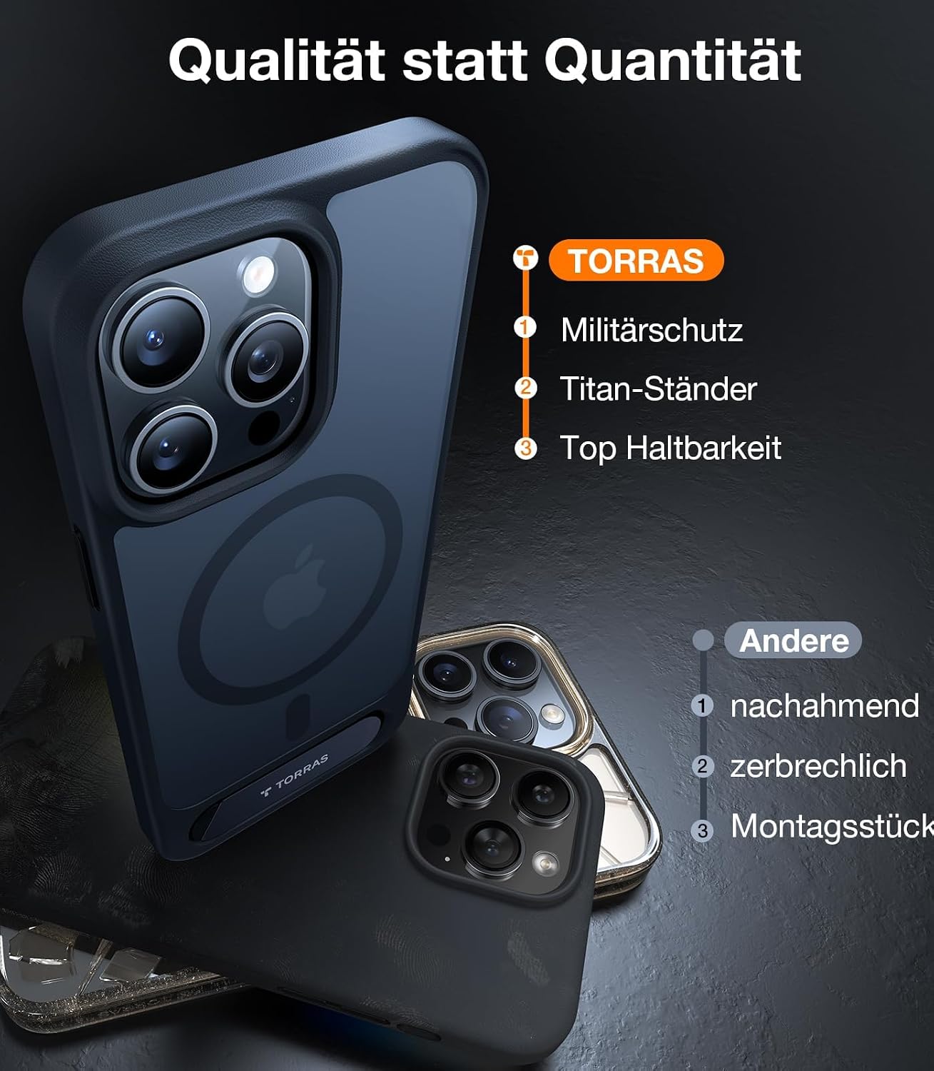 Detalle 2 de TORRAS Ostand L1: iPhone 15 Pro Hülle mit Flügelständer — MagSafe-kompatibel, Militärschutz, matt Schwarz