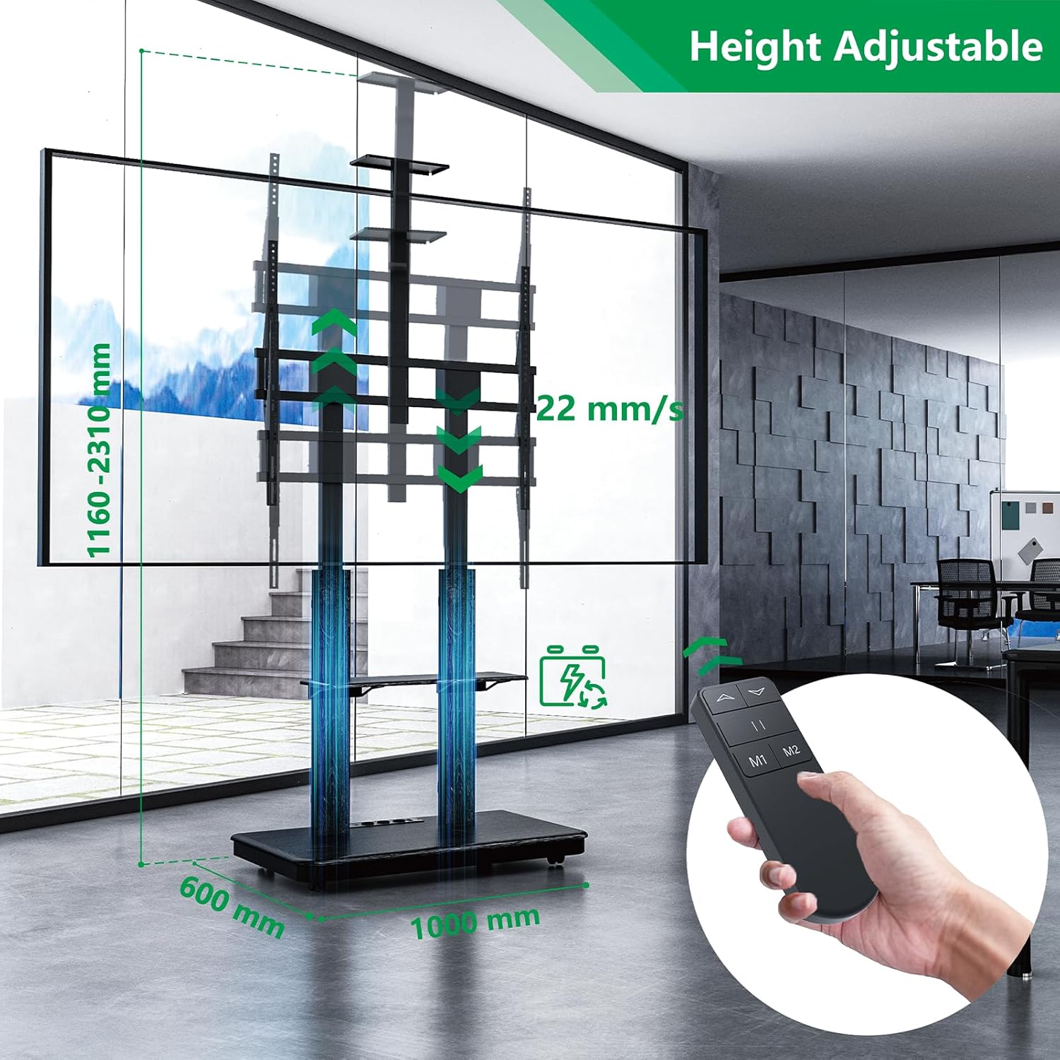 Thumbnail 2 de XTRARM Duolite support TV mobile électrique 45 à 110" jusqu’à 120 kg, hauteur motorisée et multiprise