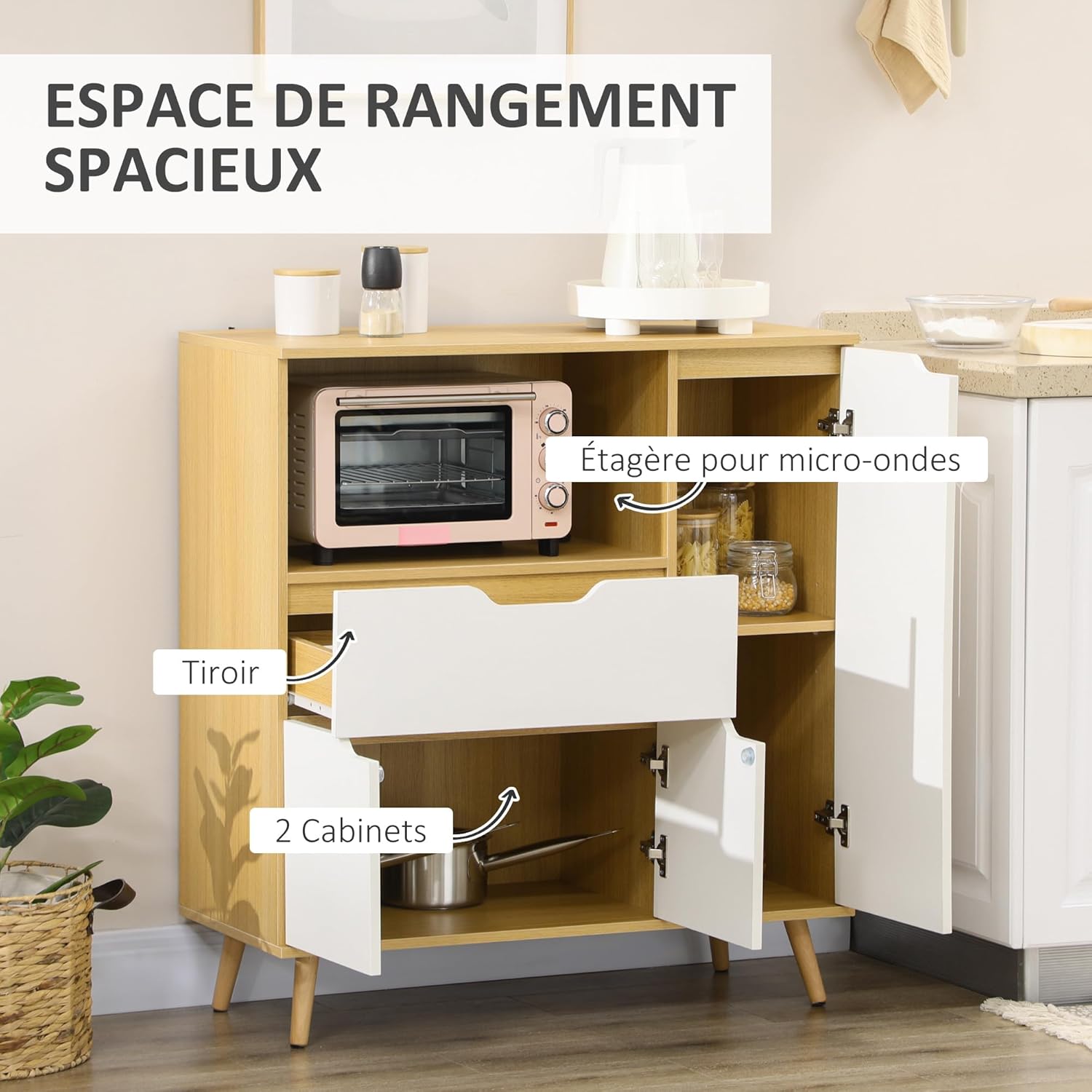 Thumbnail 3 de HOMCOM Meuble Micro-ondes Buffet Cuisine 90 x 40 x 98,5 cm – Naturel et Blanc