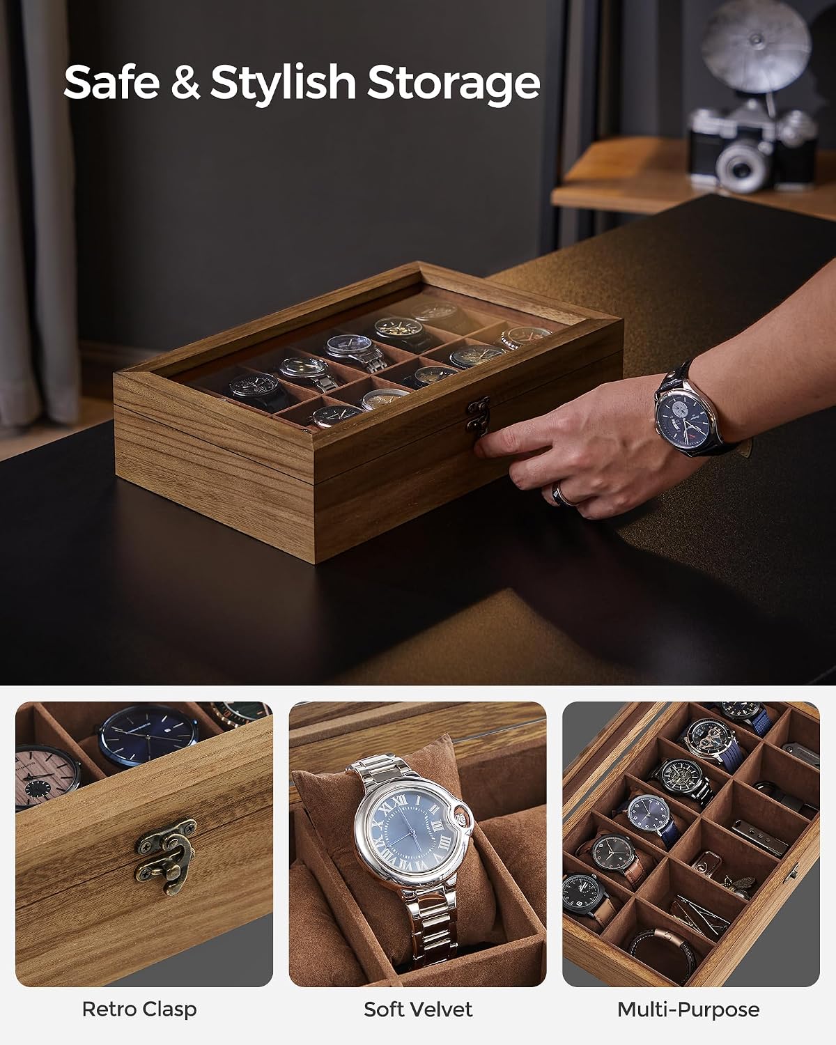 Thumbnail 2 de SONGMICS Anicia Collection JOW120K01 12-Slot Paulownia Watch Box with Glass Lid