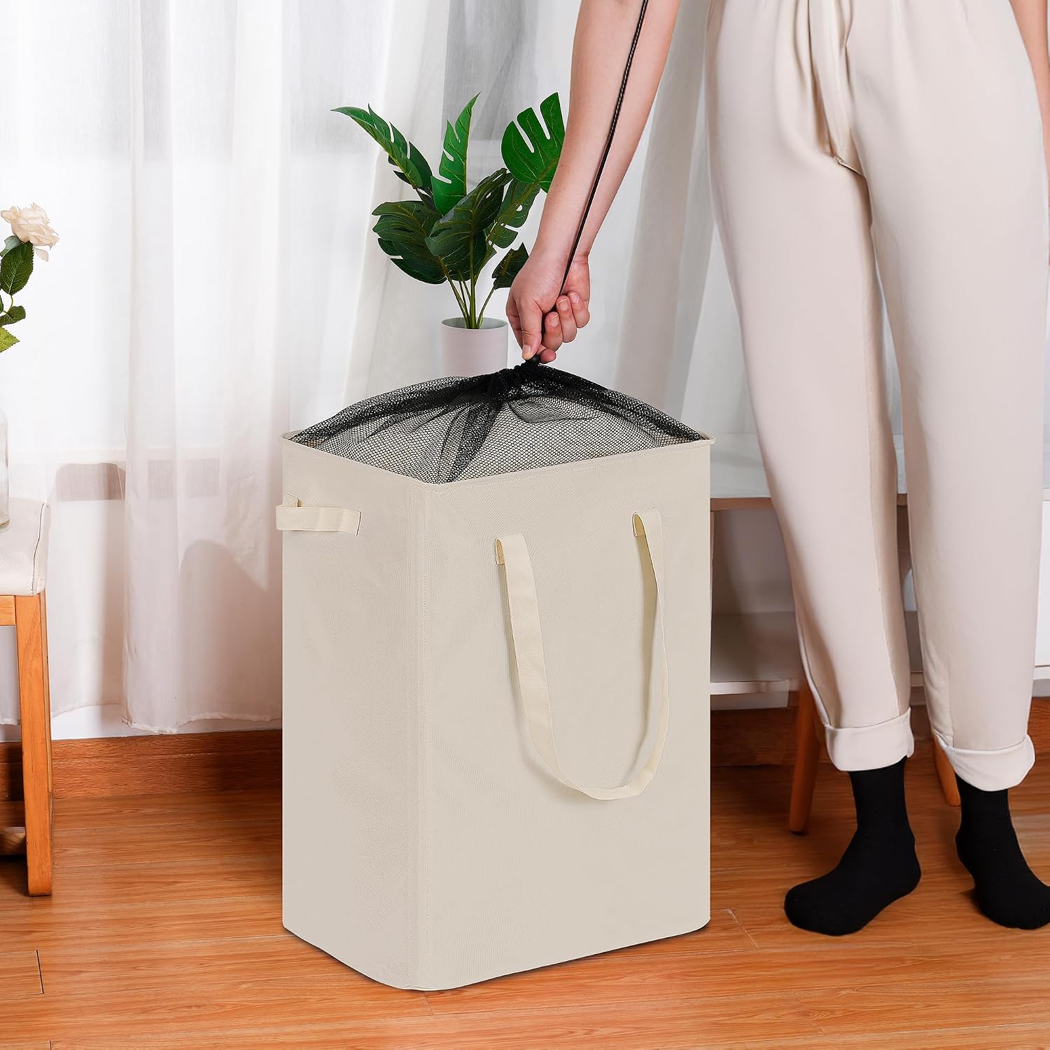 Detalle de efluky LH123 Slim Laundry Basket, 90L Collapsible Beige Oxford Hamper