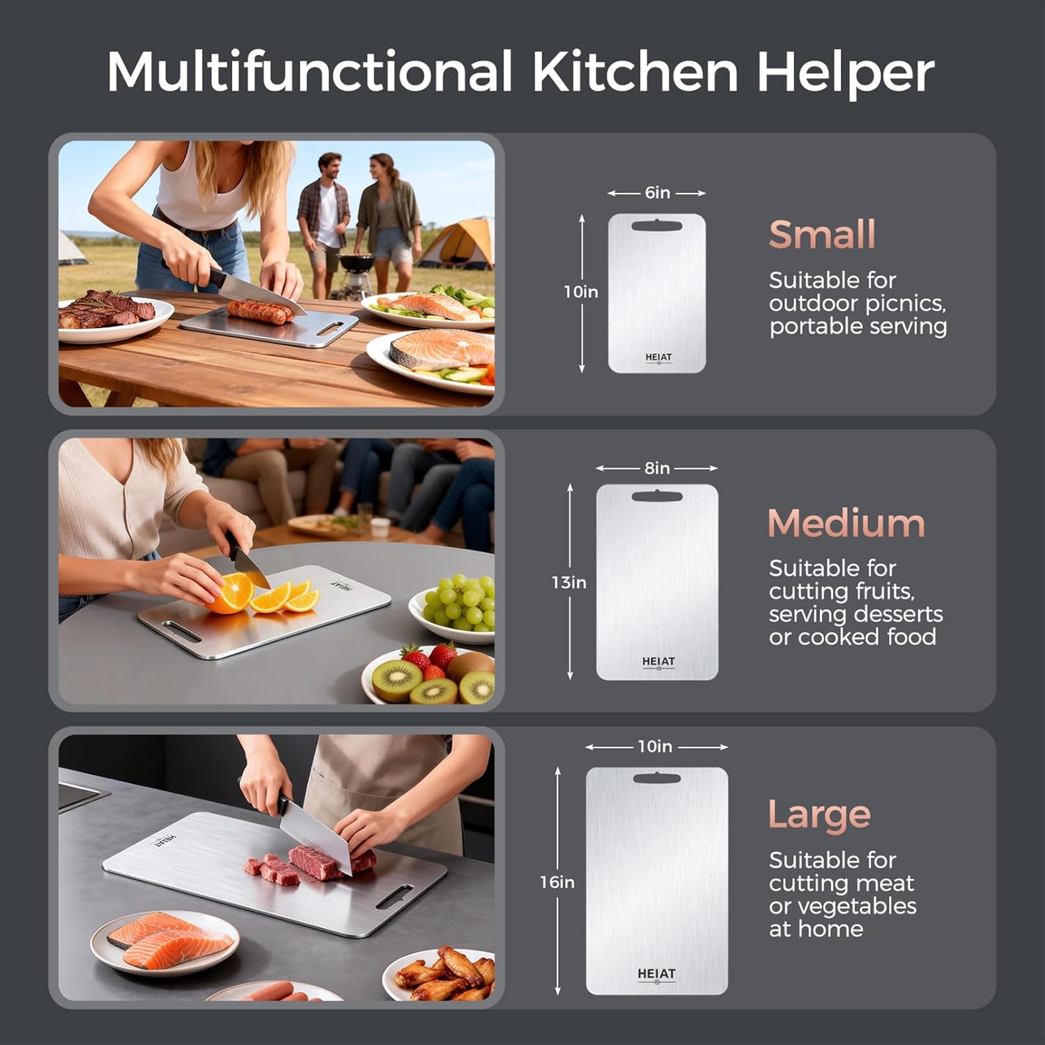 Thumbnail 2 de HEIAT Titanium Cutting Board Set of 3 (100% Pure Titanium) — Double-Sided Boards, Handles Included