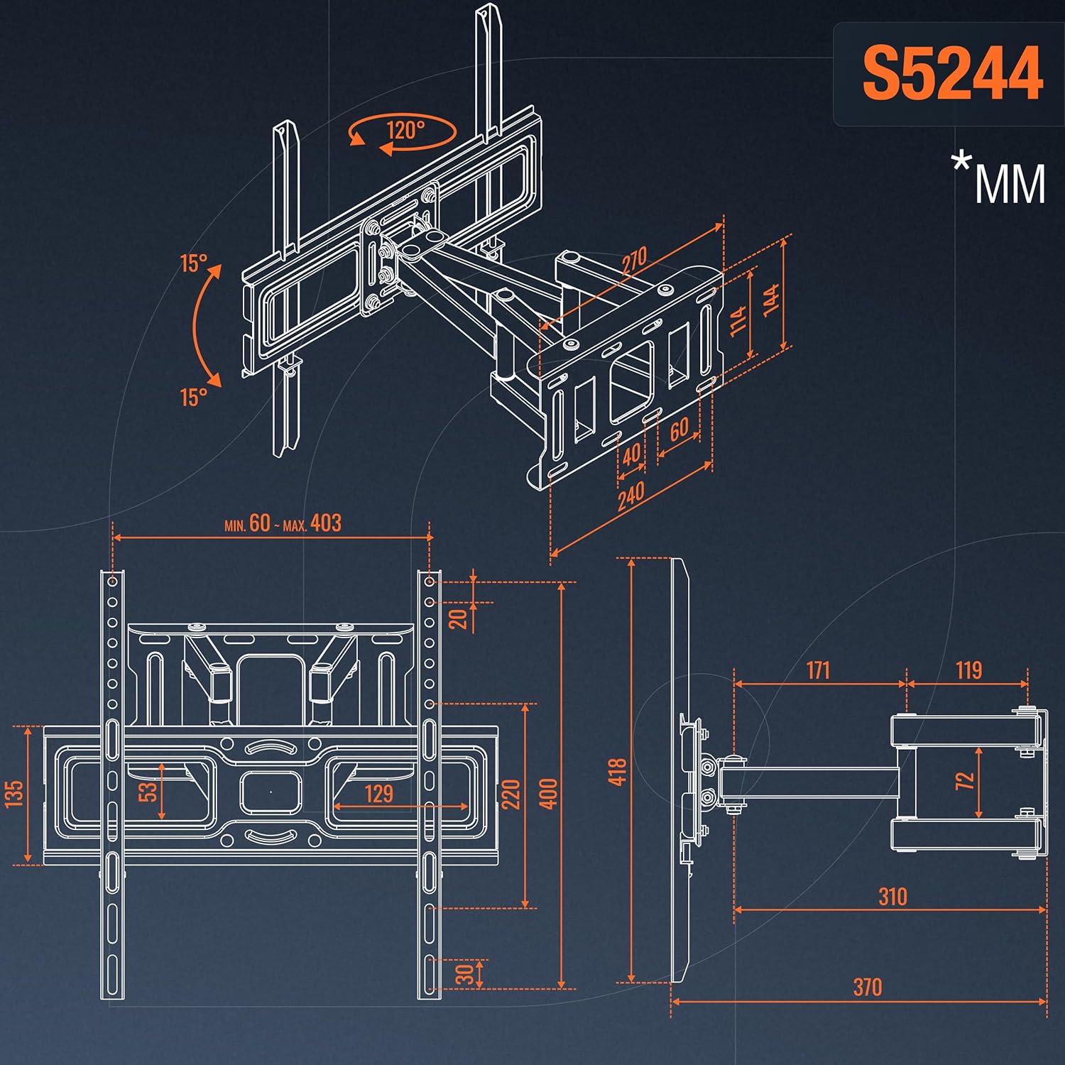 Thumbnail 5 de Support TV mural RICOO S5244 pour écrans 32 à 55 pouces (81–140 cm) orientable et inclinable, compatible VESA