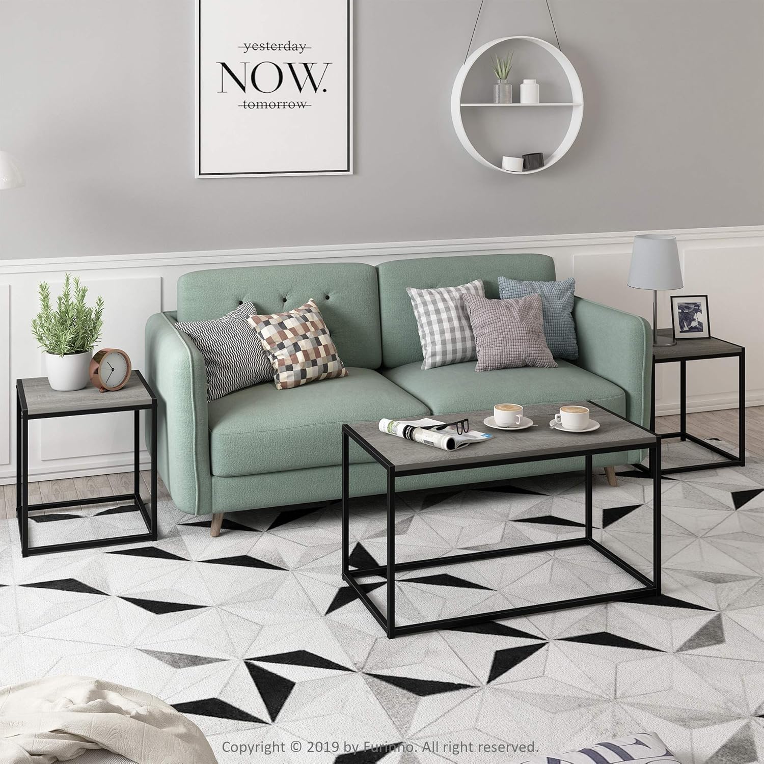 Detalle 2 de Furinno Camnus: Set tavolo soggiorno moderno con tavolino da caffè e due tavolini, rovere francese grigio