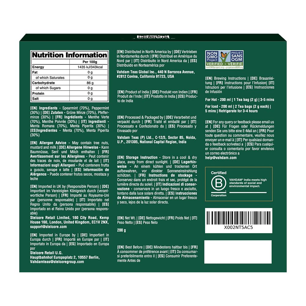 Detalle de VAHDAM Pure Mint Kräutertee Beutel (100 Teebeutel) koffeinfrei – Pfefferminze & Krauseminze