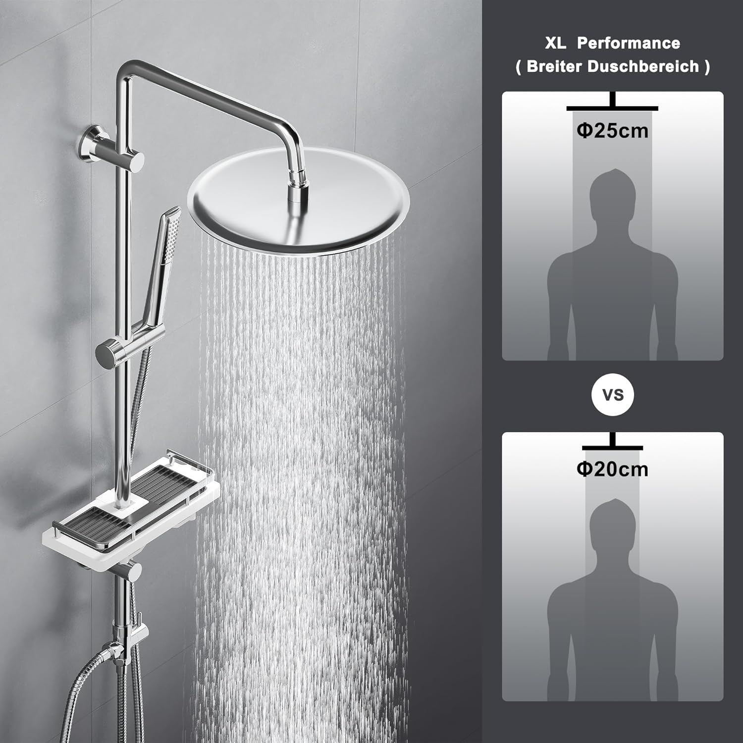 Thumbnail 1 de Görbach Colonna doccia in acciaio inox senza miscelatore con soffione pioggia, saliscendi e mensola (D25 cm)