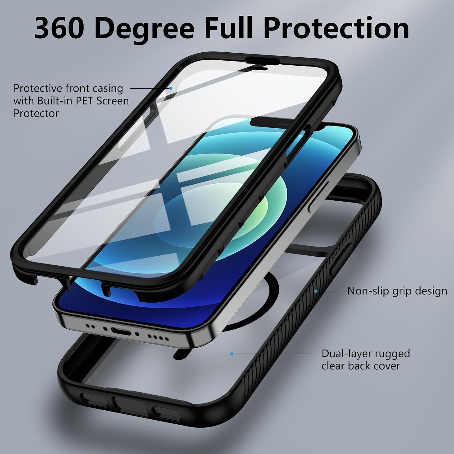 Detalle de XTCASE Coque magnétique MagSafe pour iPhone 12 / 12 Pro avec protection d’écran intégrée, 360 degrés – Noir