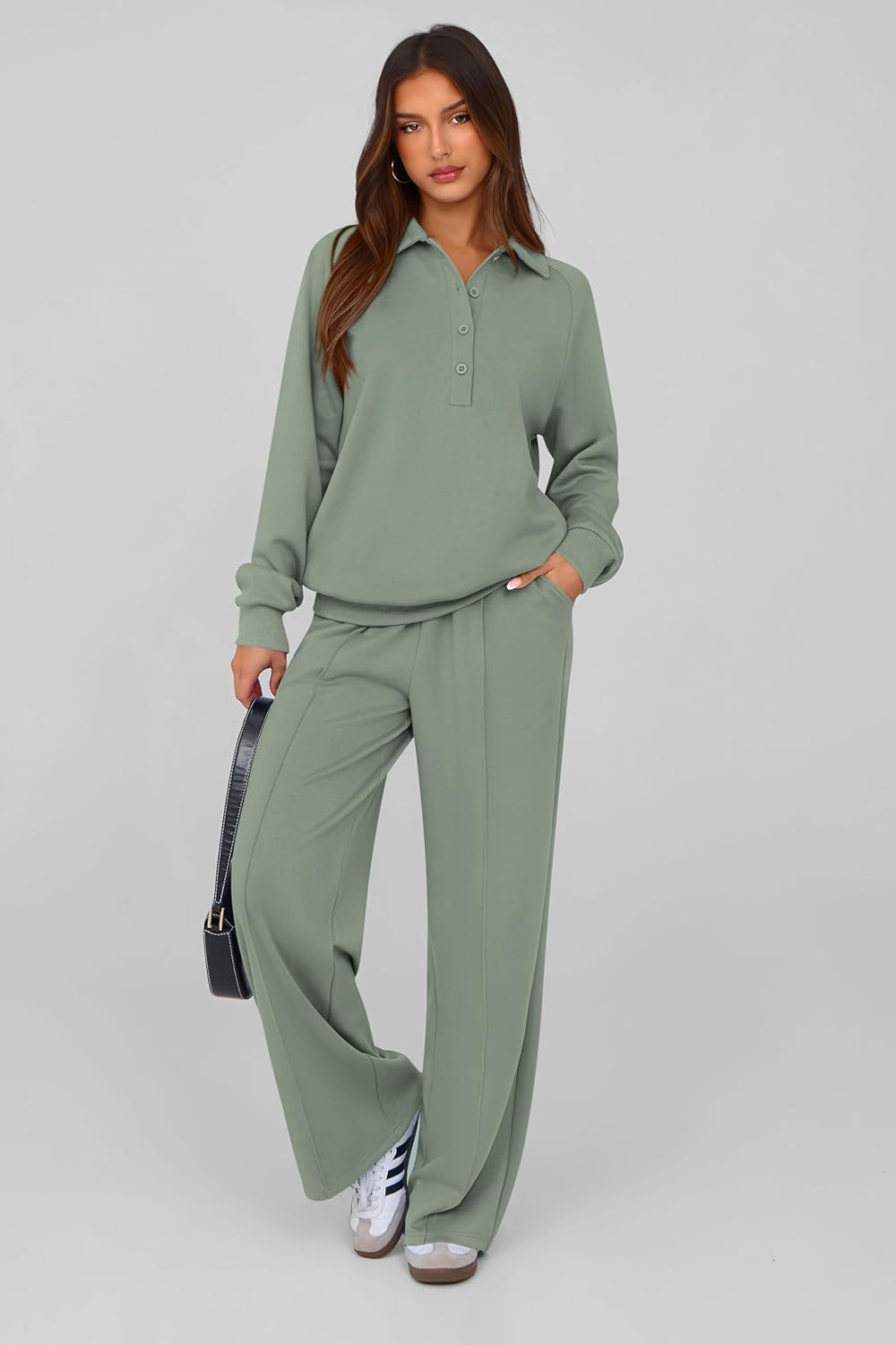 Thumbnail 2 de PRETTYGARDEN Women Fall 2 Piece Outfits: Quarter Button Sweatshirt + Wide Leg Pants Travel Lounge Set
