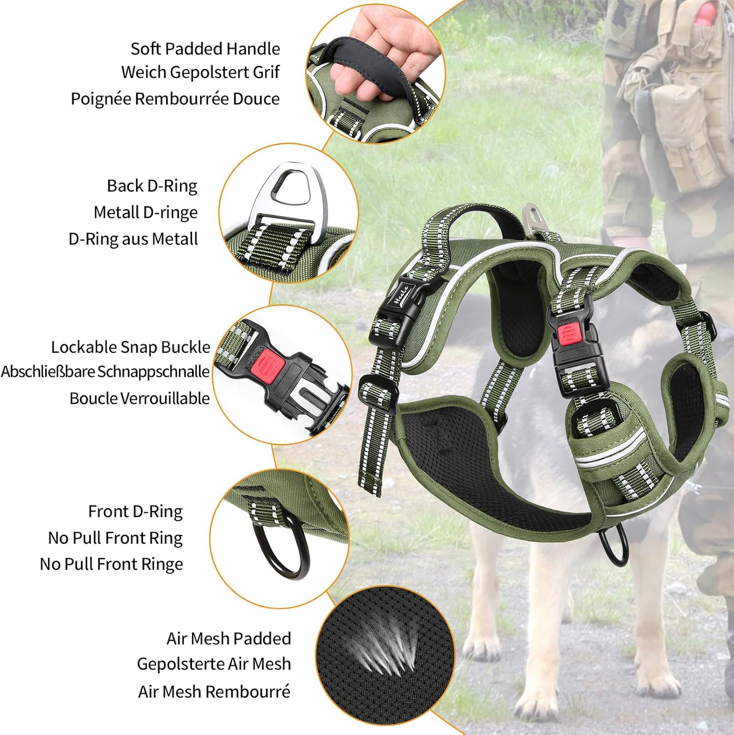 Detalle de HEELE Dog Harness No Pull Medium with Neck Release and Front/Back Leash Rings