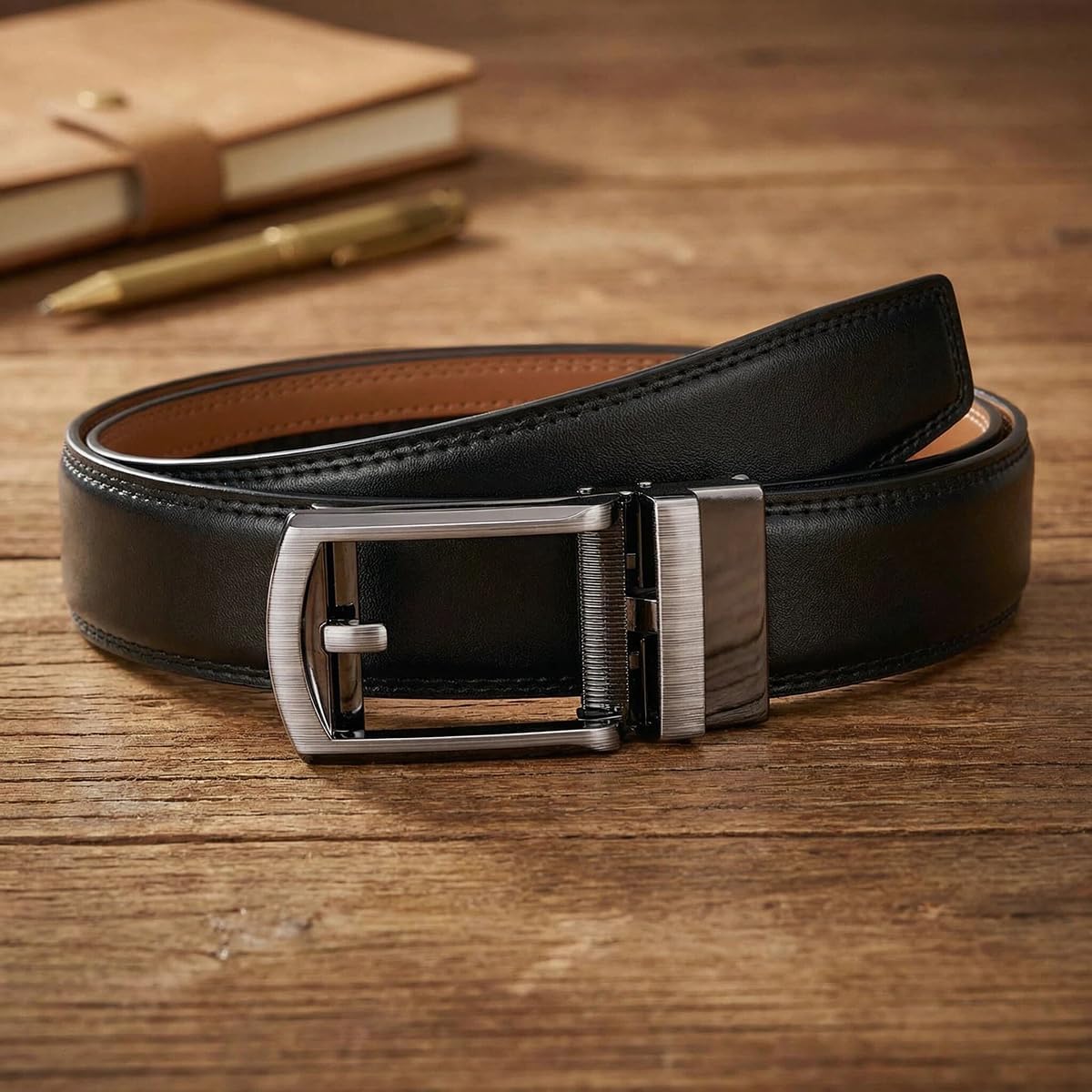 Detalle 2 de VRLEGEND ceinture homme en cuir automatique réglable (boucle à cliquet) pour costume et travail