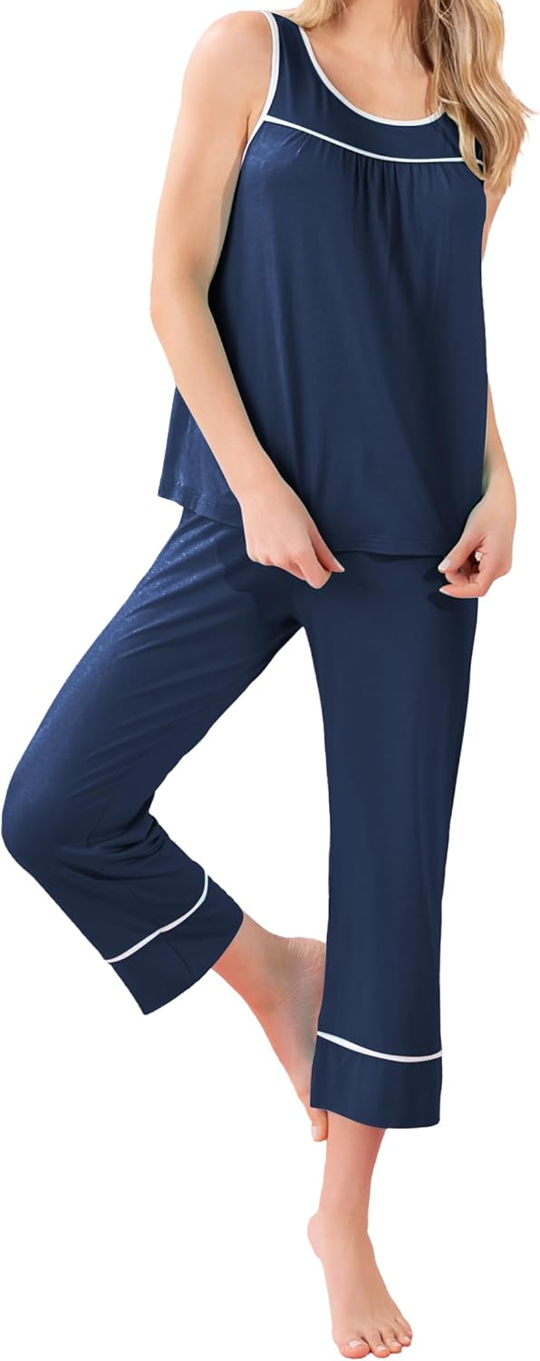 Detalle de Famulily Women's Sleeveless Pj Set with Piping – Capris, Pockets, S-XXL