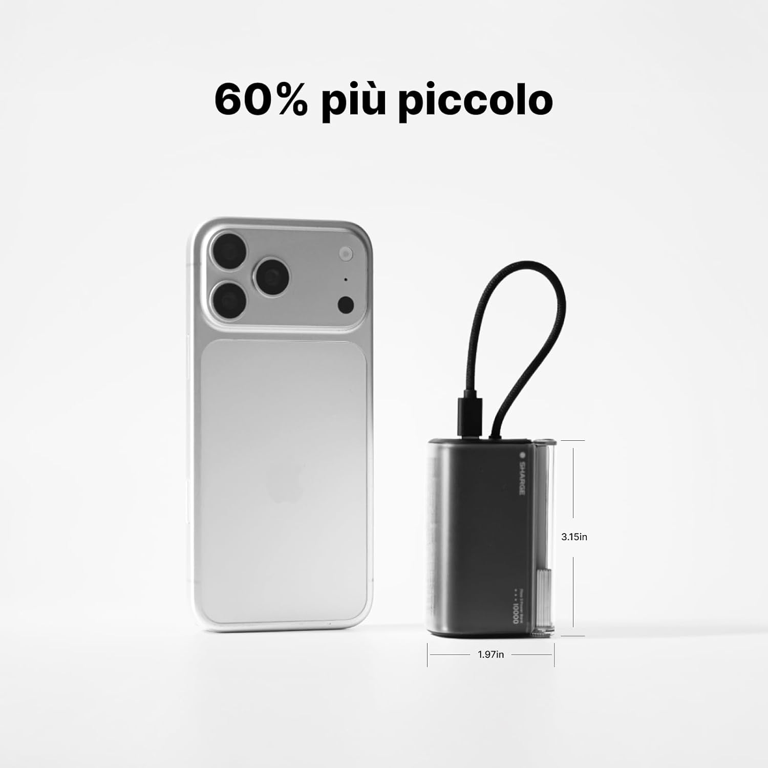Detalle de sharge 45W Schnelllade Mini Powerbank 10000mAh: carica rapida e design compatto con cavo integrato
