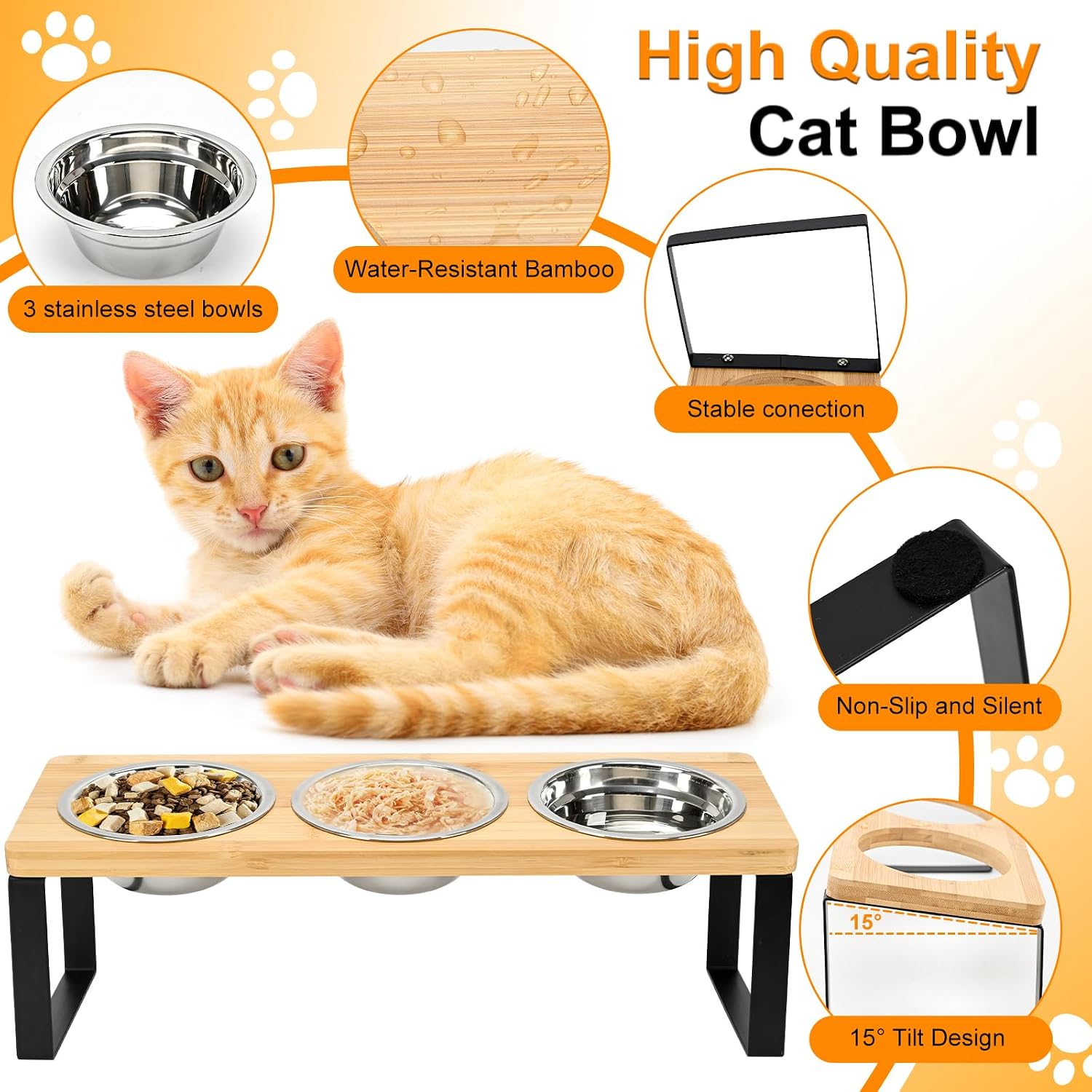 Thumbnail 2 de Raised Cat Bowl with Stand (15° Tilt) – Set of 3 Stainless Steel Bowls on Bamboo Base