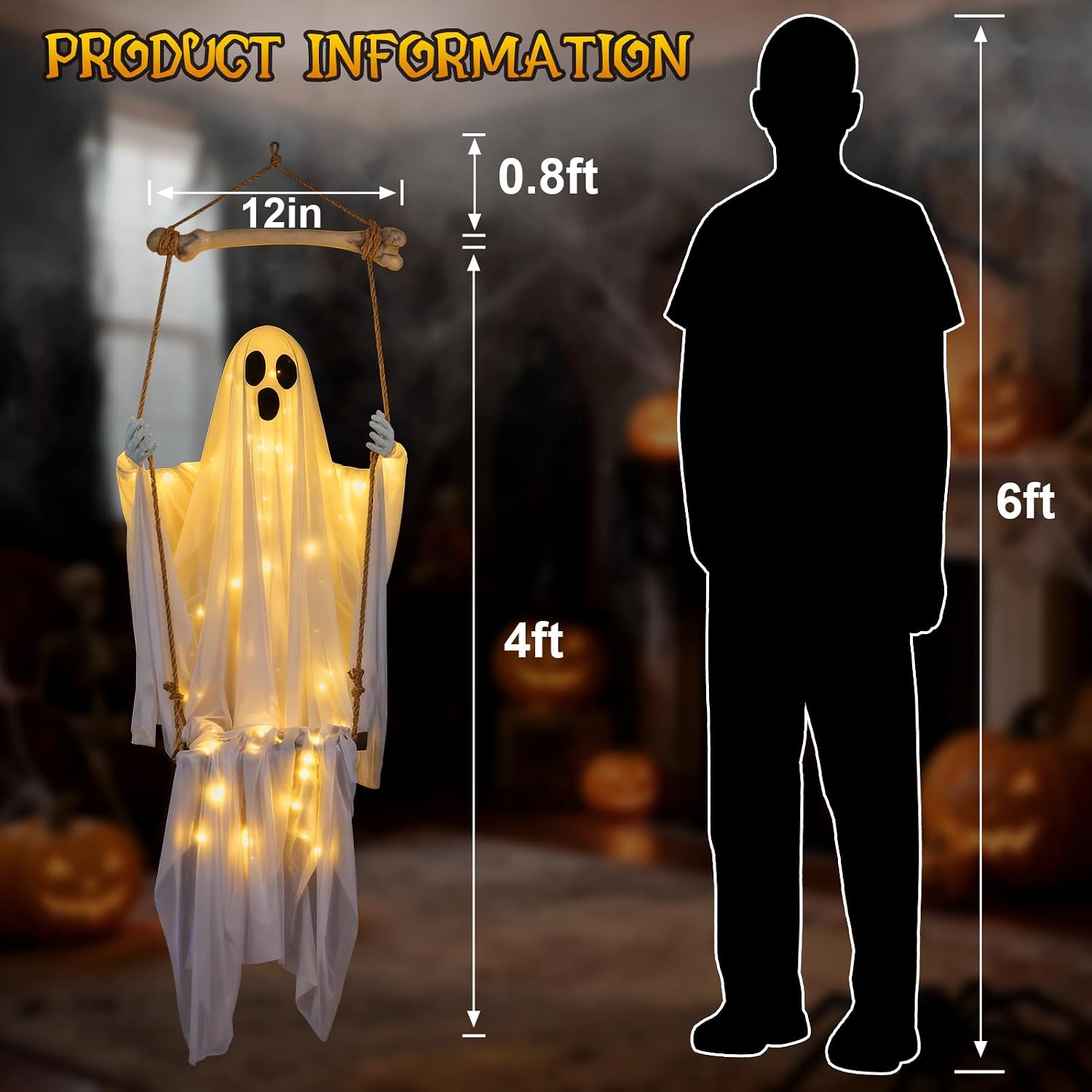 Detalle 2 de TAINAT 4.8 ft Hanging Swing Ghost Halloween Decoration with 8 Light Modes