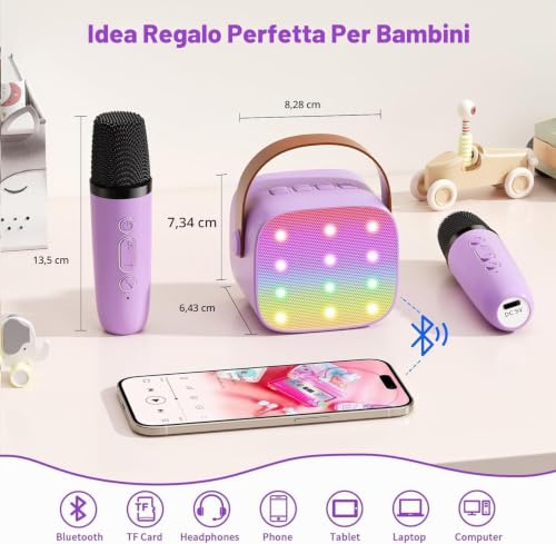 Detalle de Voijump Mini macchina karaoke con 2 microfoni senza fili – portatile, Bluetooth 5.4 e luci integrate