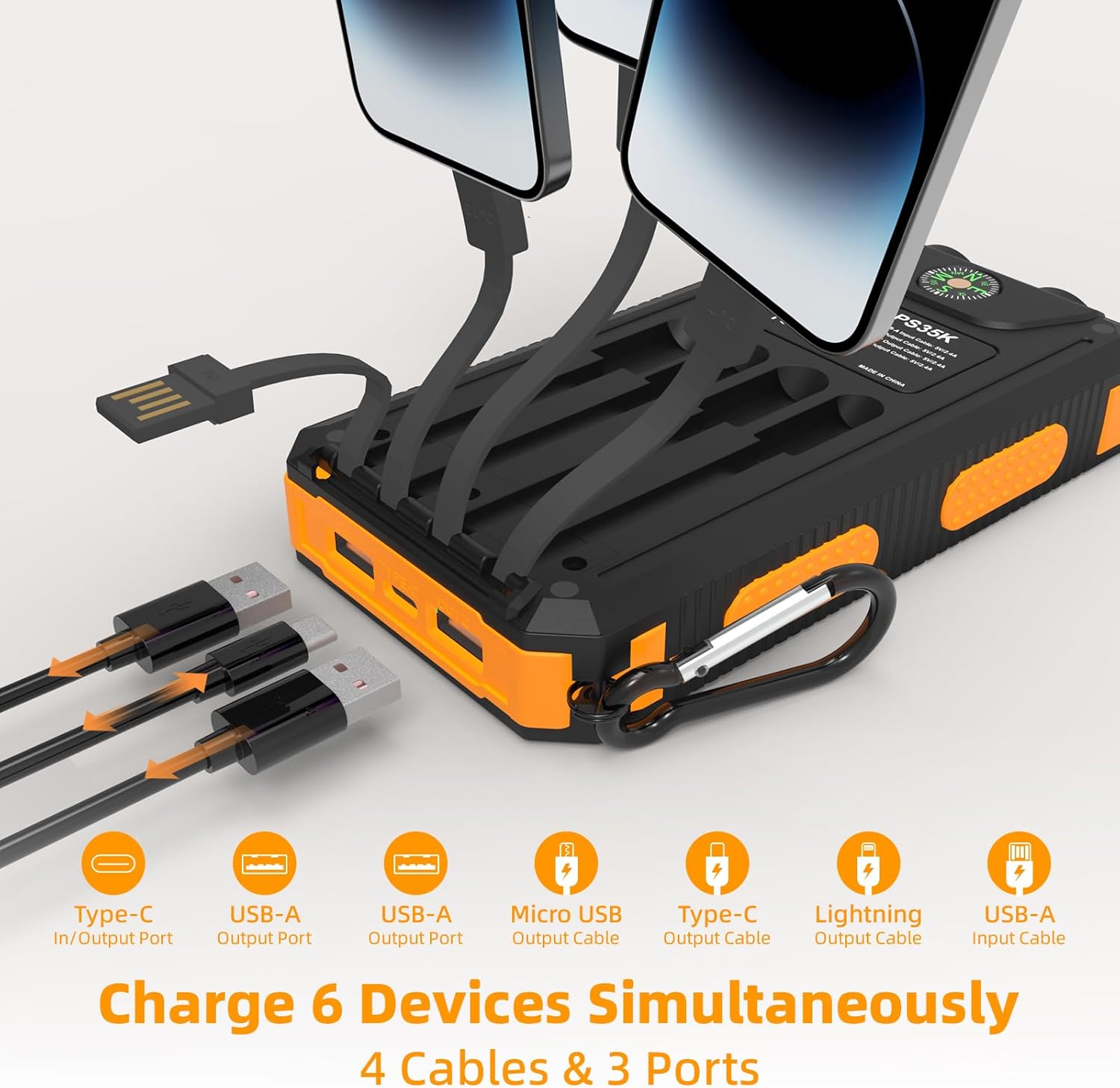 Thumbnail 1 de YELOMIN 20,000mAh Solar Power Bank with Built-In Cables and Flashlights