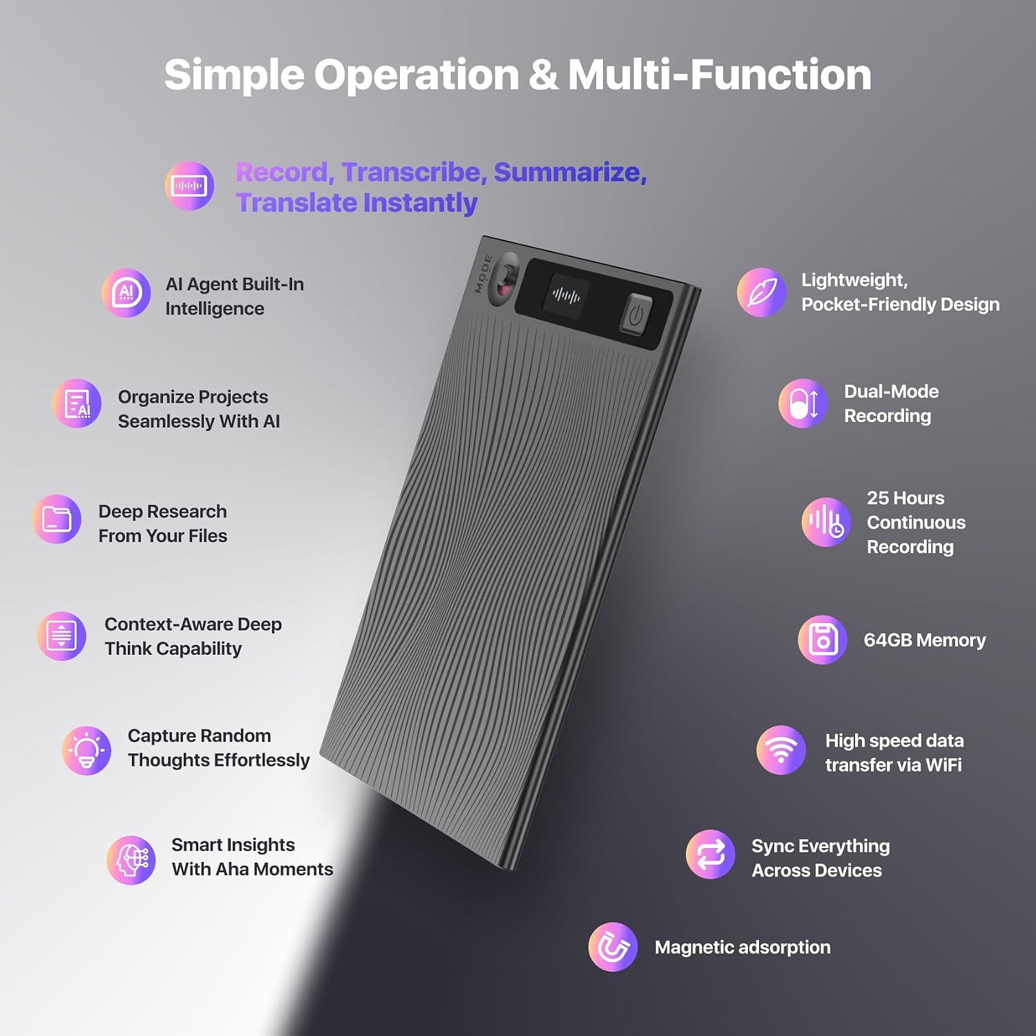 Detalle de Mobvoi TicNote AI Voice Recorder (64GB) with Shadow AI, phone calls & meeting transcription