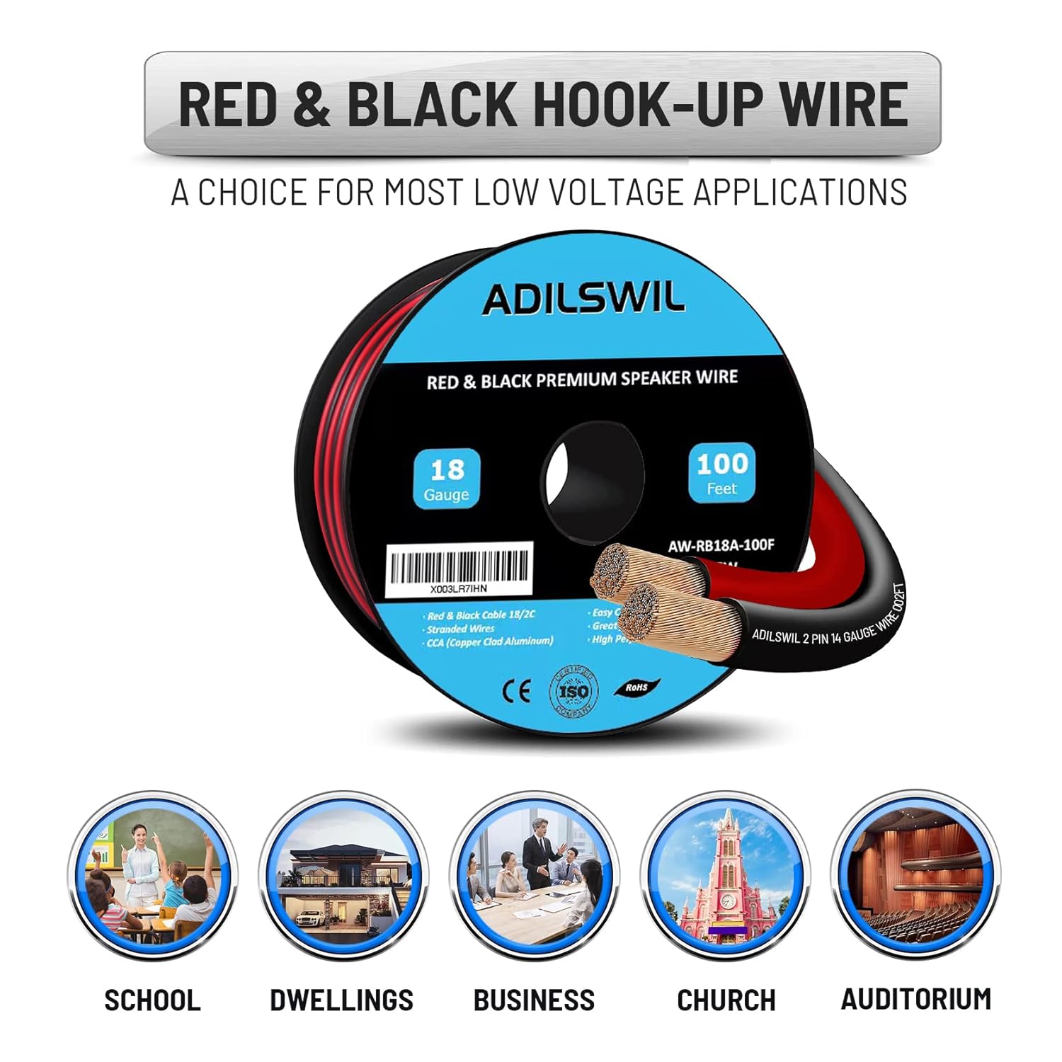 Detalle de 18AWG 100FT Speaker Wire, 2 Conductors, Red & Black, Copper-Clad Aluminum, 12V/24V DC Low-Voltage Cable