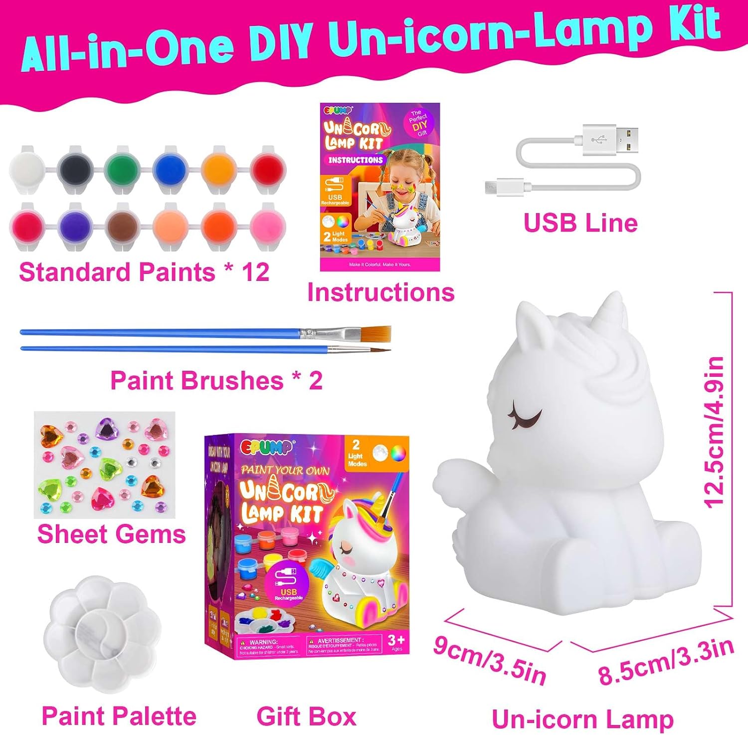 Detalle de EPUMP DIY-Einhornlampe zum Bemalen mit 2 Lichtmodi (wiederaufladbar, 1.200-mAh-Akku)
