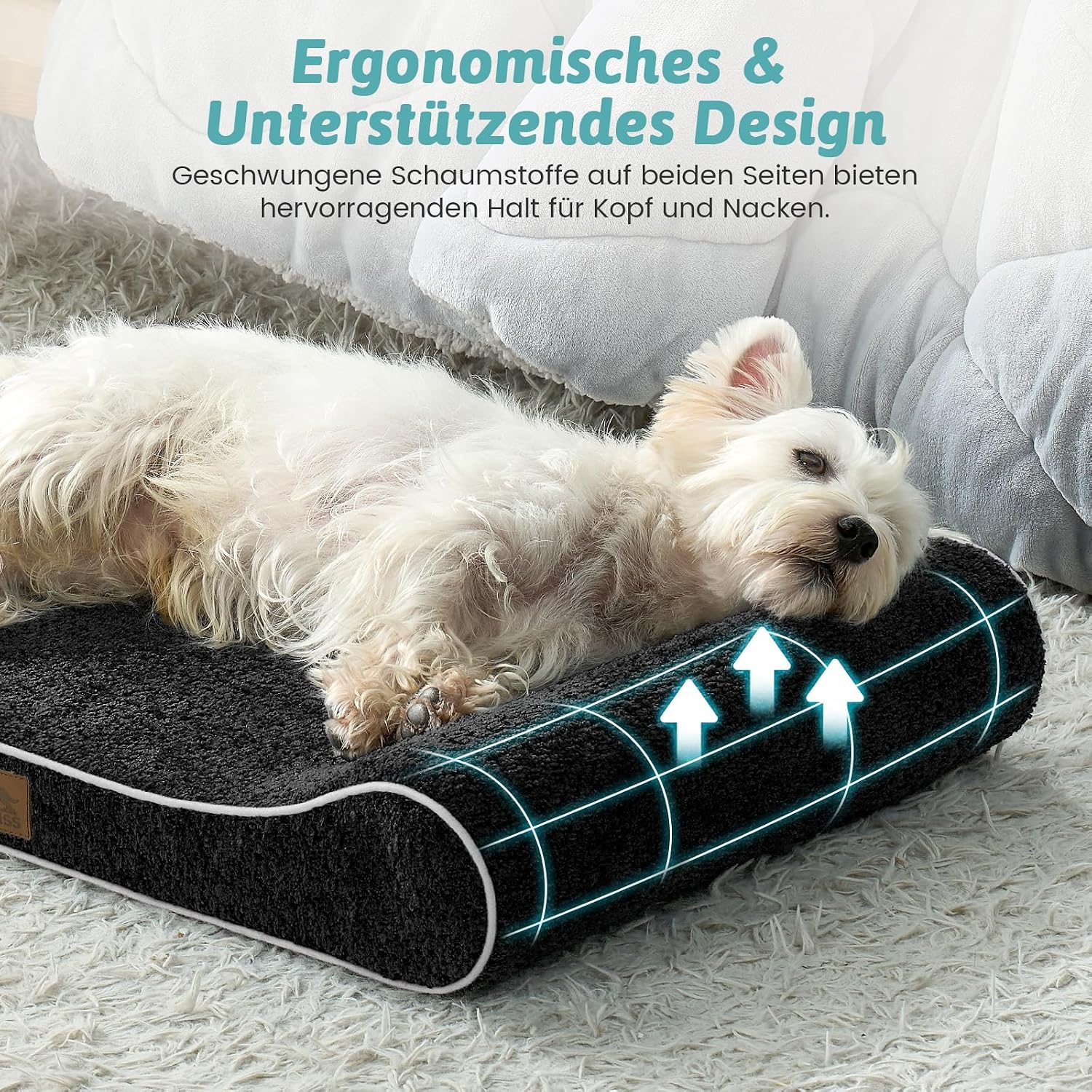 Thumbnail 3 de COZY KISS Orthopädisches Hundebett für mittelgroße Hunde (76x50x12 cm) mit erhöhtem Rand – waschbare, rutschfeste Hundematte in Schwarz