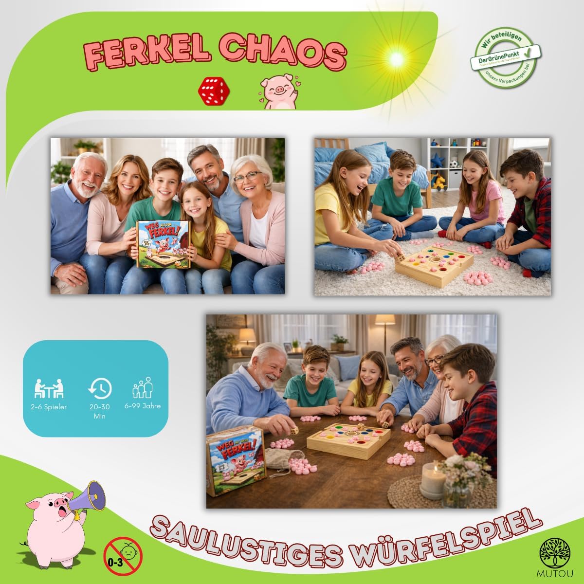 Detalle de Mutou Weg mit dem Ferkel! – Das saulustige Big Hole Würfelspiel aus Holz, 60 Schweinchen, 2–6 Spieler