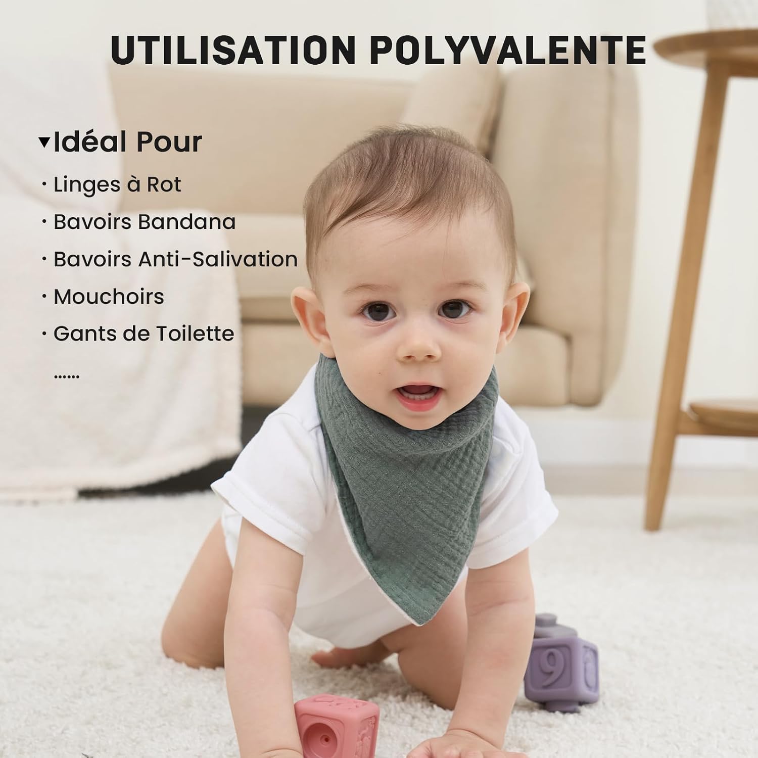 Thumbnail 4 de IKWOLETI Bavoirs Bébé Naissance Mousseline – Lot de 8 Bandana Bavoirs absorbants et ajustables