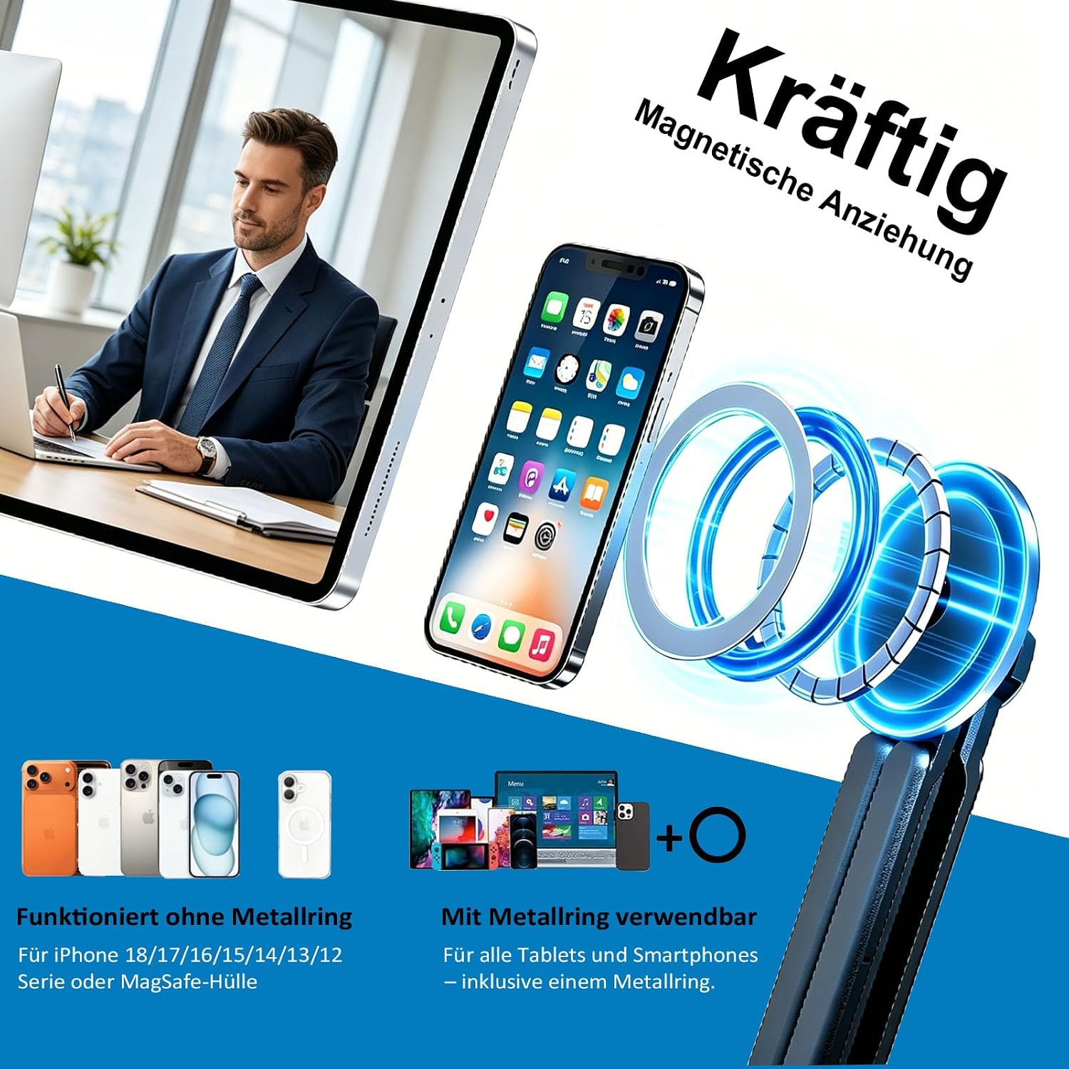 Detalle de Magnetischer 3-in-1 Laptopständer & Tablet-Ständer aus Aluminium – kompakt, flexibel und reisefreundlich (Dunkelblau)