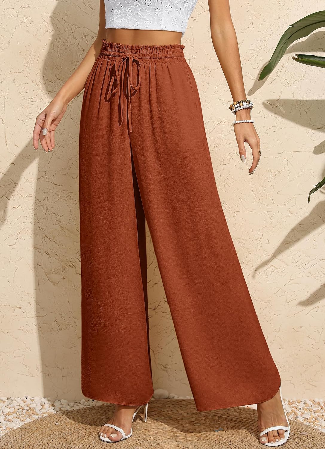Detalle de BEIGAI Damen Palazzo-Hose mit hoher Taille, weitem Schnitt und Taschen – locker-gerade, dehnbar fürs Lounge- & Alltagsoutfit