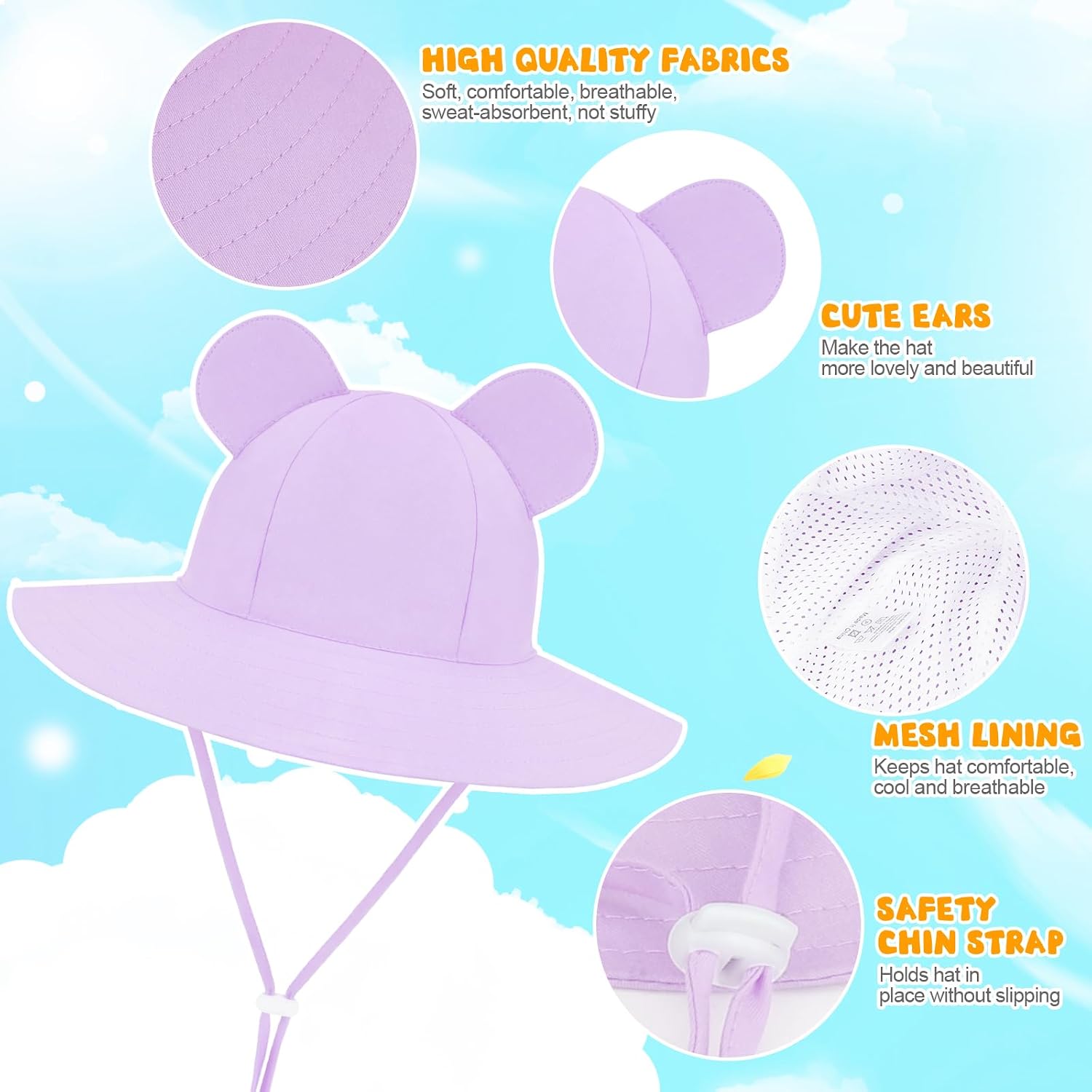 Detalle 2 de DRESHOW Baby Sonnenhut mit Bärenohren, UPF 50+ und Kinnriemen (breite Krempe)
