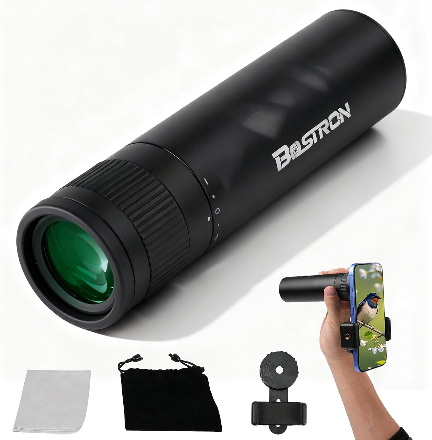 Detalle de BOSTRON 7x32 HD Monokular mit Smartphone-Adapter, wasserdicht & stickstoffgefüllt – 176 m/1000 m Weitwinkel