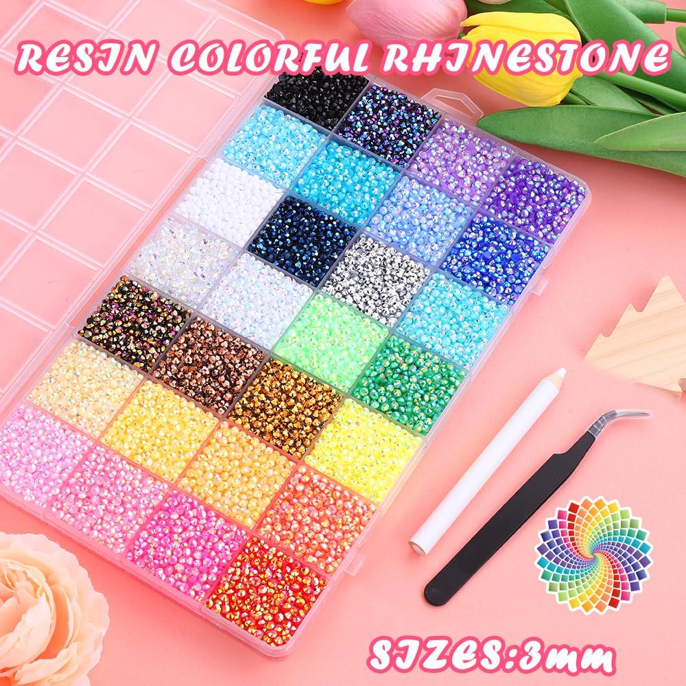 Detalle de JOLCEEY 34000pcs Nail Art Rhinestones – 28 Colours, 3mm Flat Back Gems with Pick Up Tweezers and Pen