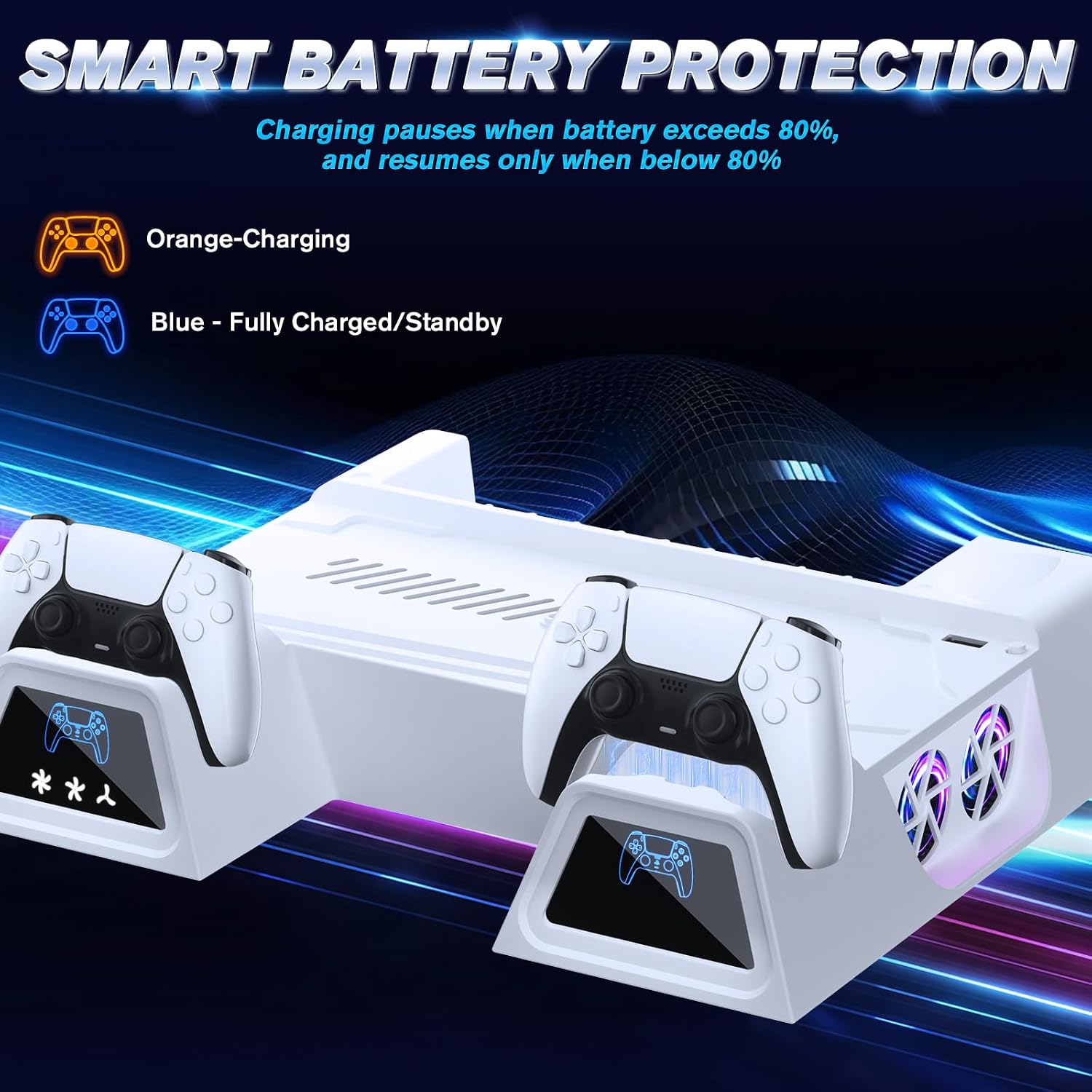Detalle 2 de LENISUOLE PS5/Slim/Pro Stand and Cooling Station with Dual Controller Charging & Headset Holder
