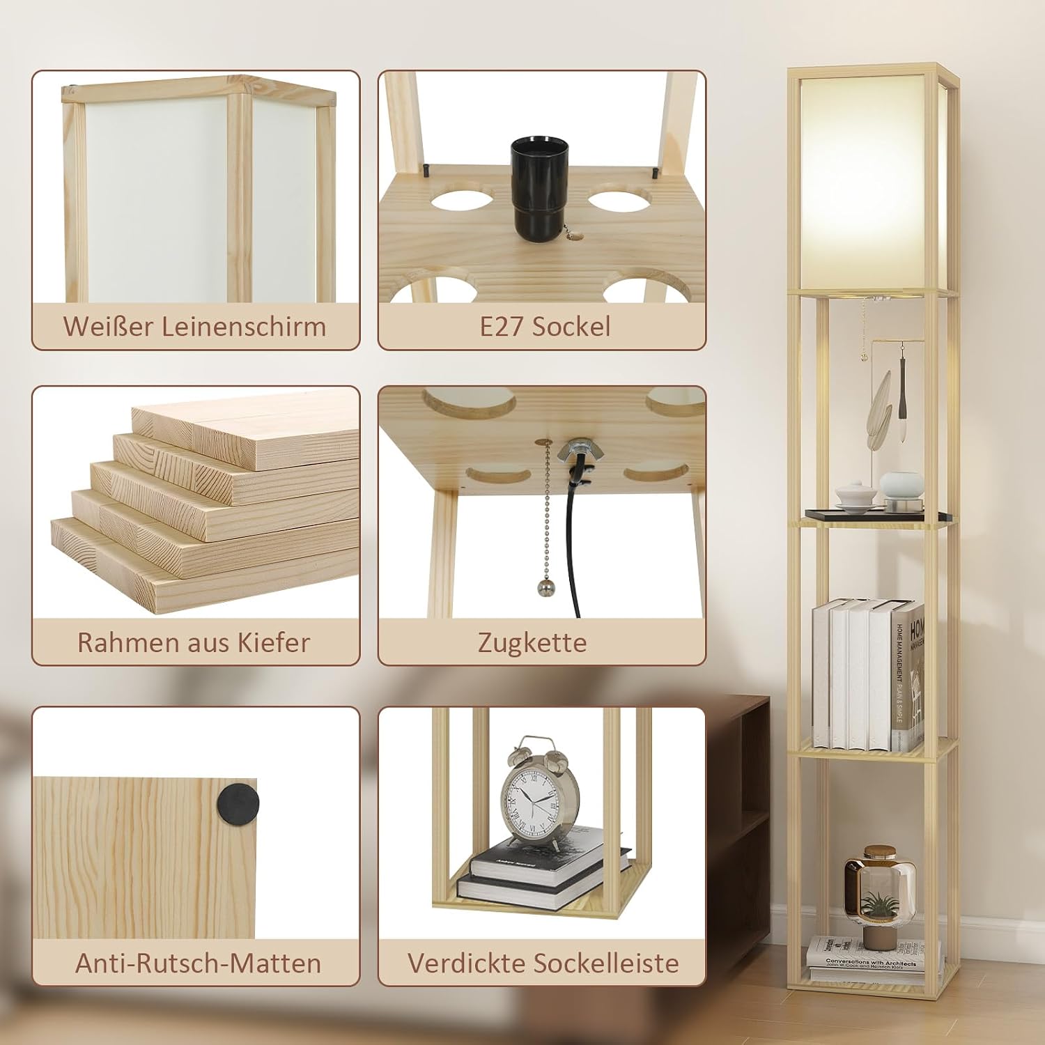 Detalle 2 de Fullwatt Stehlampe mit Holzregal 160 cm