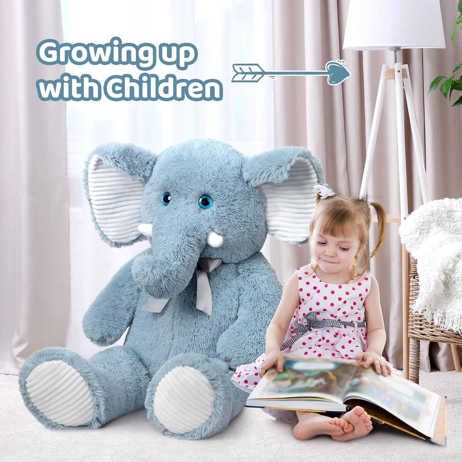 Detalle de BEJOY XXL Großer Elefant Teddy – 100 cm, Plüschtiere mit 3D-Blauäugigen Augen, weiches Kuscheltier für Kinder