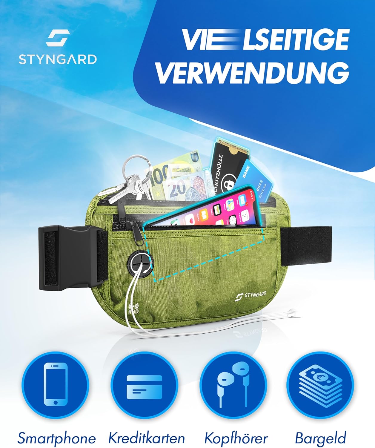 Detalle de STYNGARD Modell Madrid: flache Diebstahl- Bauchtasche mit RFID/NFC-Schutz für Reise & Sport