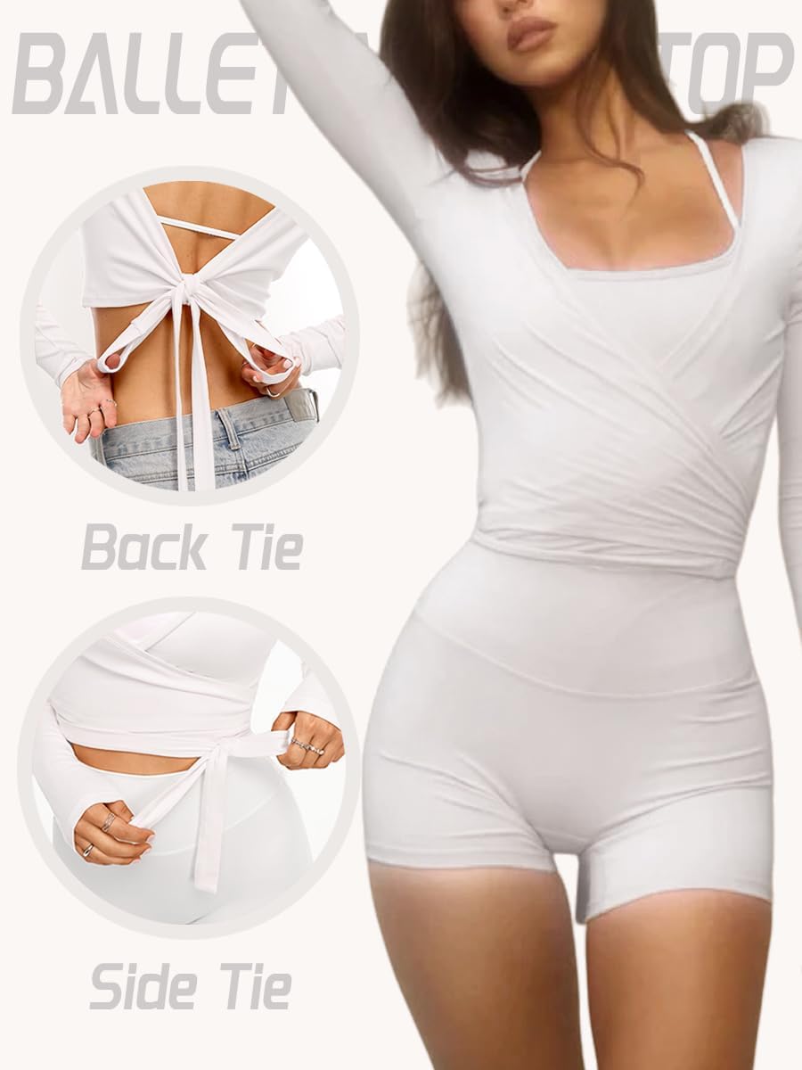 Detalle 2 de Danysu V-Neck Ballet Wrap Top for Women, Long Sleeves, Cross-Tie Design