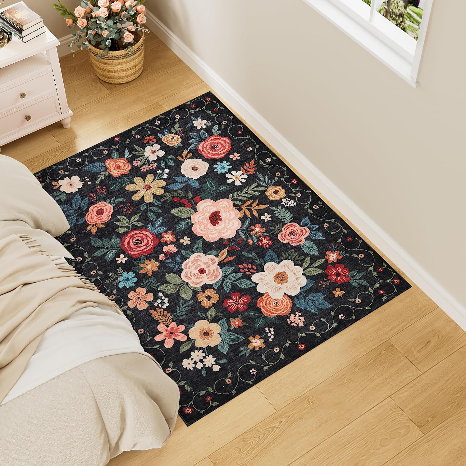 Thumbnail 2 de DUKINO 3x4 Boho Non-Slip Rug – Lightweight, Washable, Short-Pile Floral Interior Mat (Black)