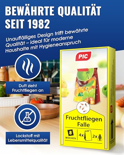 Detalle 2 de PIC Fruchtfliegenfalle Küche – 4 Klebefallen, 2 Lockstoffe, Obstfliegenfalle für Innenräume