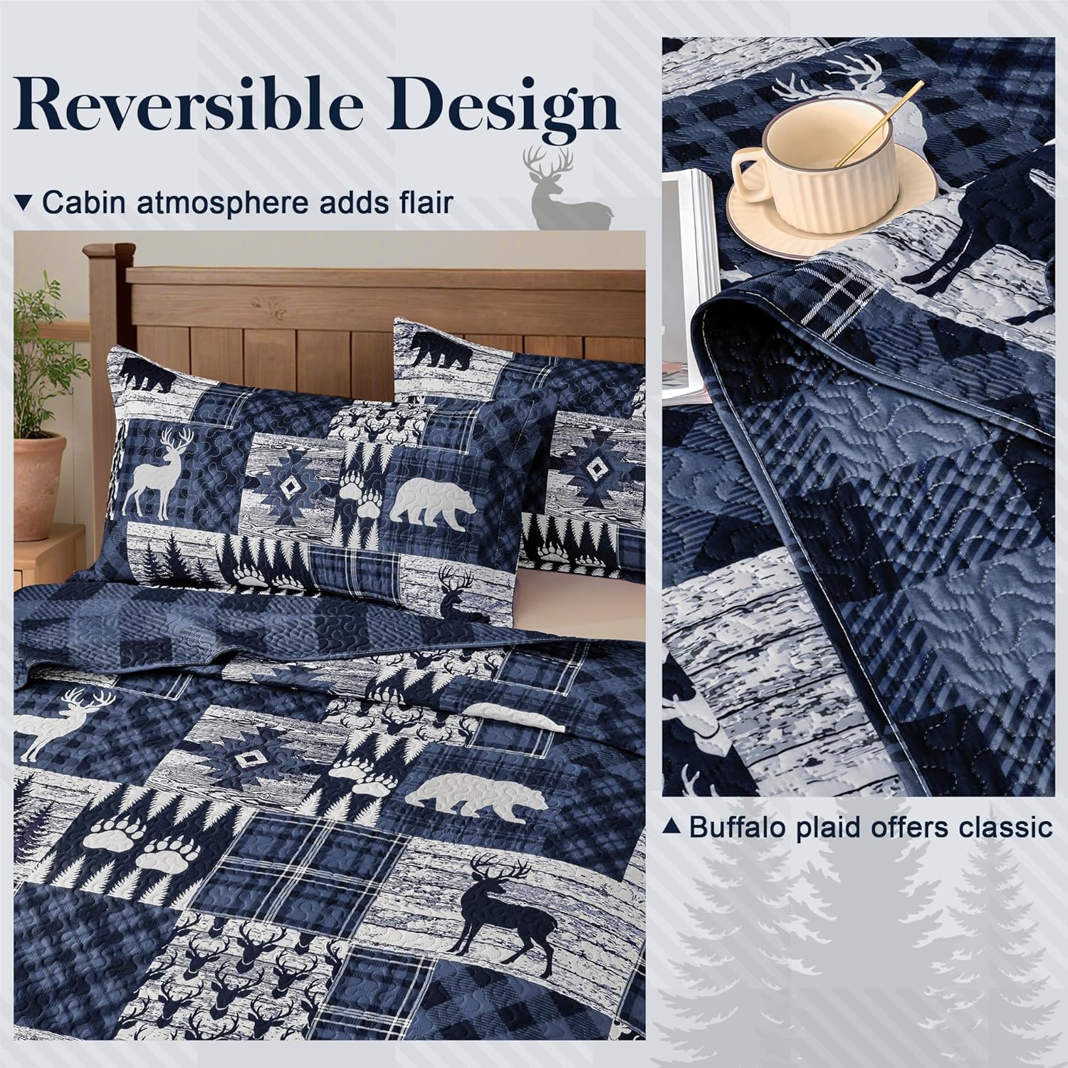Thumbnail 3 de Cabin 3-Piece Full/Queen Quilt Set (90"x96") Reversible Farmhouse Rustic Microfiber Bedding, Blue