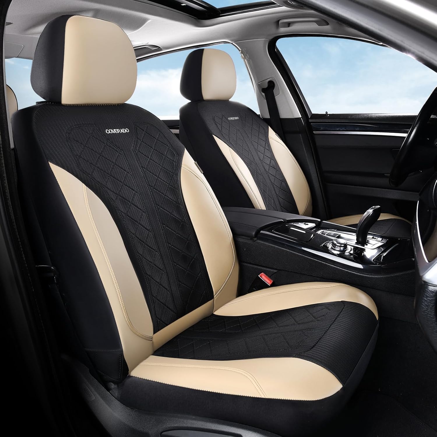 Thumbnail 1 de Coverado Seat Covers Full Set: Beige PU Leather with Breathable Mesh, 5-Piece Universal Car Seat Protectors