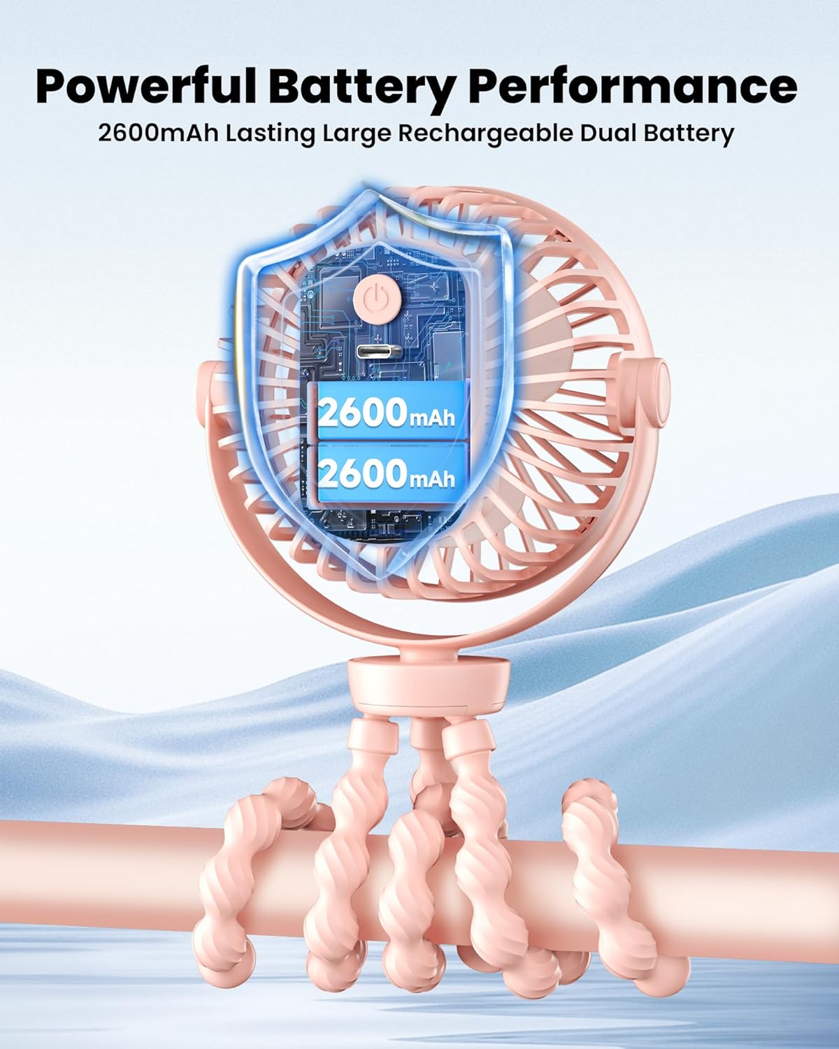 Detalle de Portable Pram Fan with 360° Rotation and 2000mAh Battery — Clip-On Stroller Fan