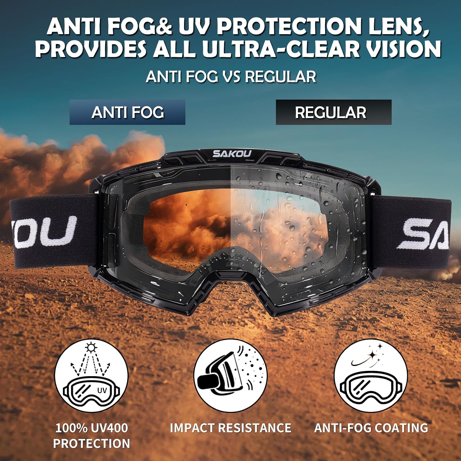 Detalle de SAKOU Kinder Motorrad Brille Cross – UV400, bruchsicherer TPU-Rahmen, Anti-Fog für Offroad (3–12 Jahre)
