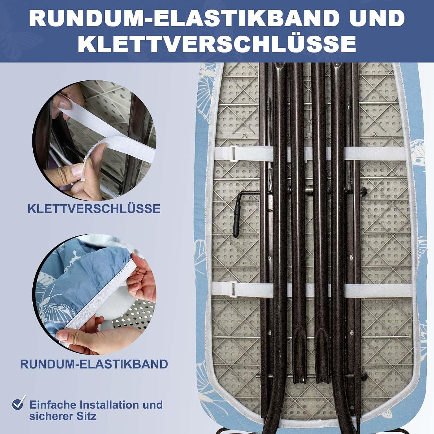 Detalle de Frilodge Bügelbrettbezug mit dicker Polsterung – passend für 120×40 bis 125×45 cm, Elastikband und Klettverschluss, Blau Butterfly