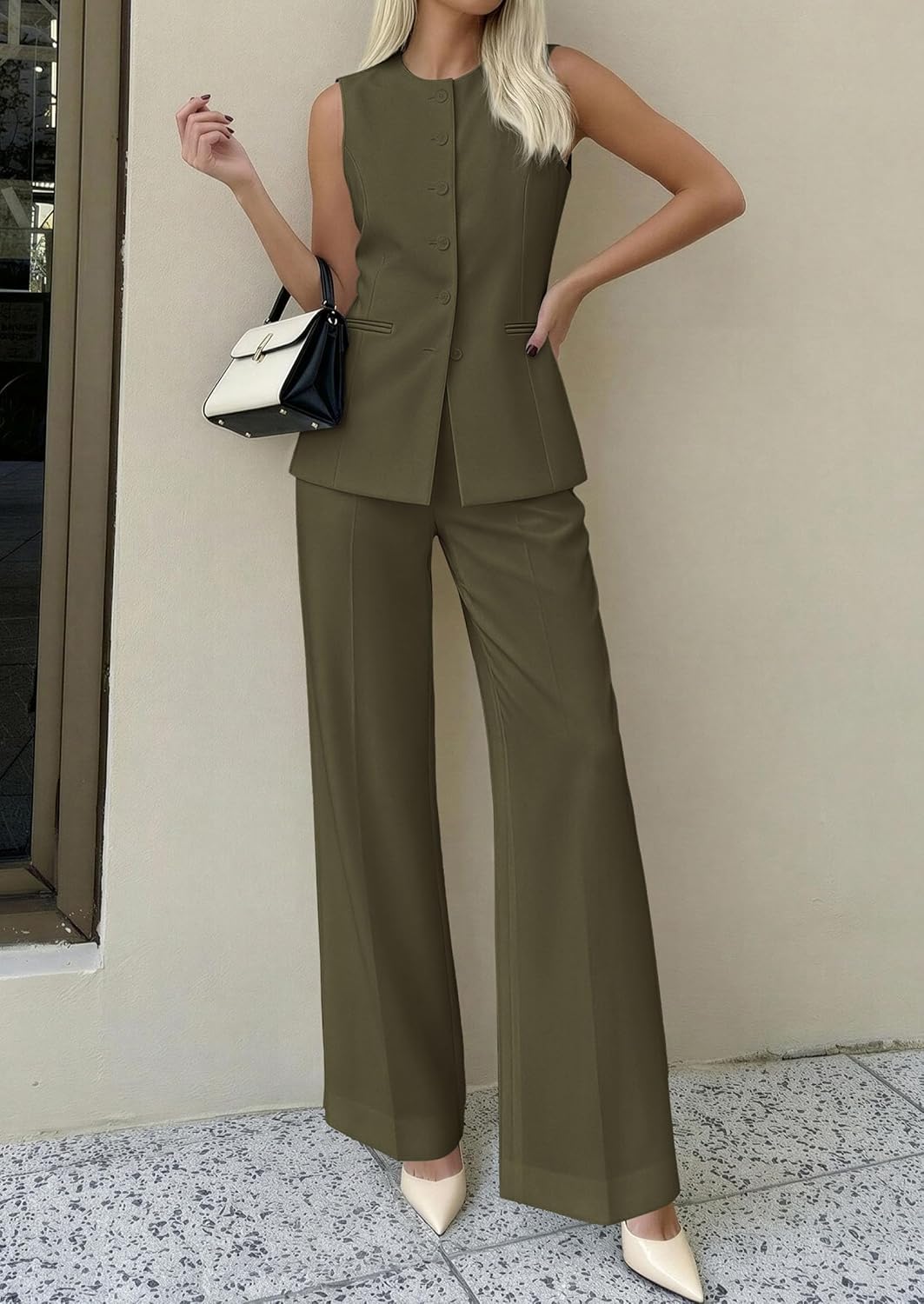 Detalle 2 de PRETTYGARDEN Women's 2 Piece Sleeveless Blazer Vest & Pants Set