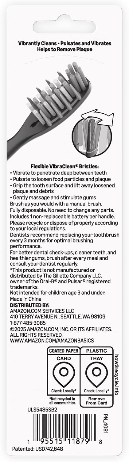 Detalle 1 de Amazon Basics Adult Soft Bristle Electric Toothbrush (2-Pack) with Pulsing Deep Cleaning