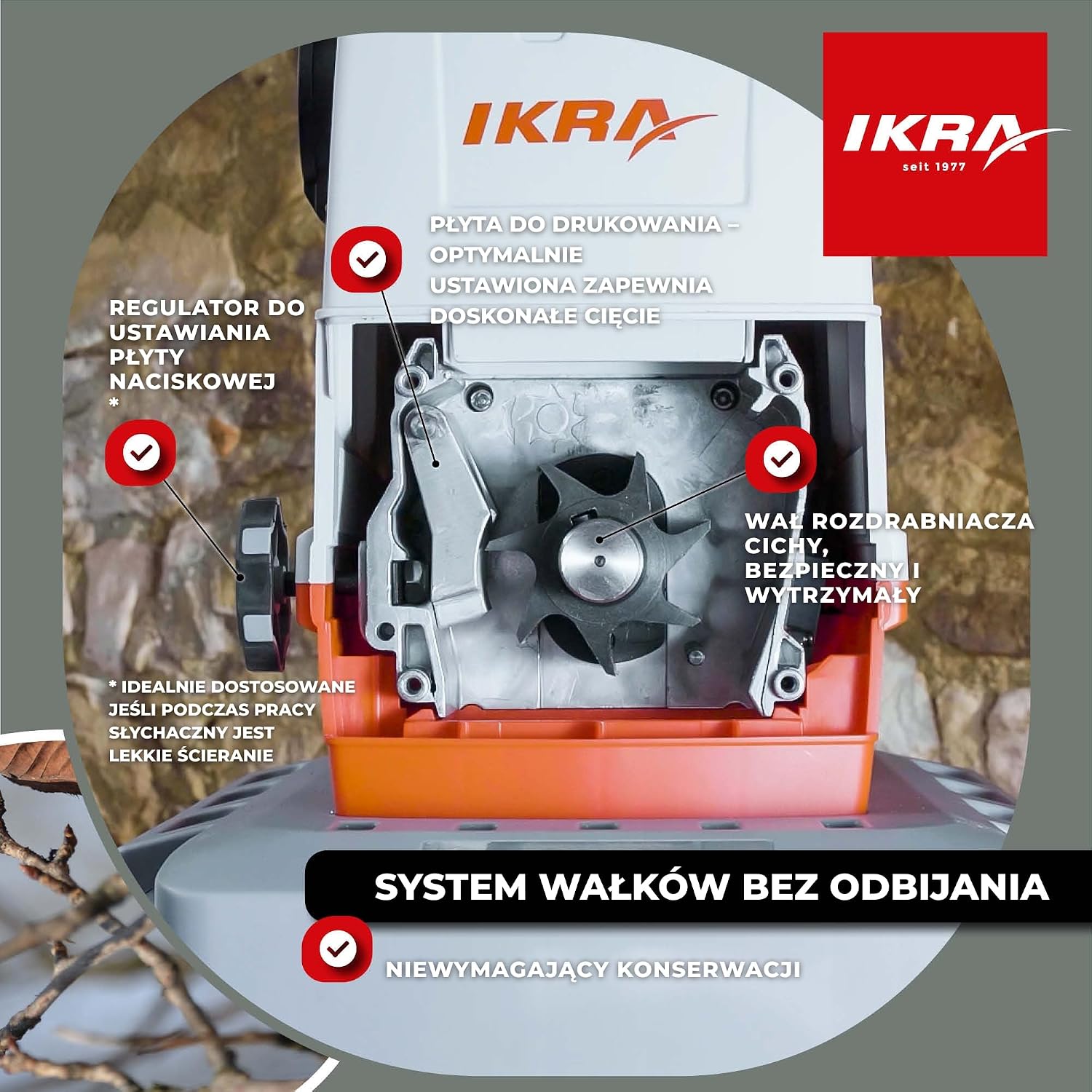 Detalle 2 de IKRA ILH 2800 – elektryczny rozdrabniacz walcowy, 2800 W, gałęzie do 44 mm